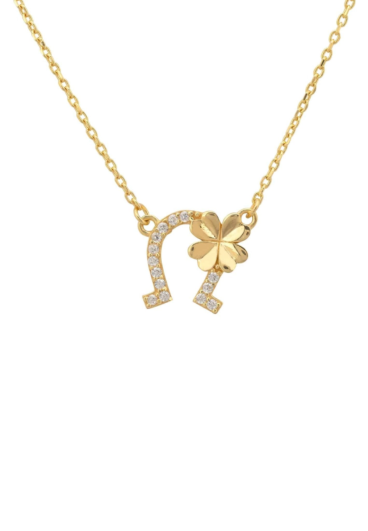 Horseshoe And Shamrock Necklace Gold