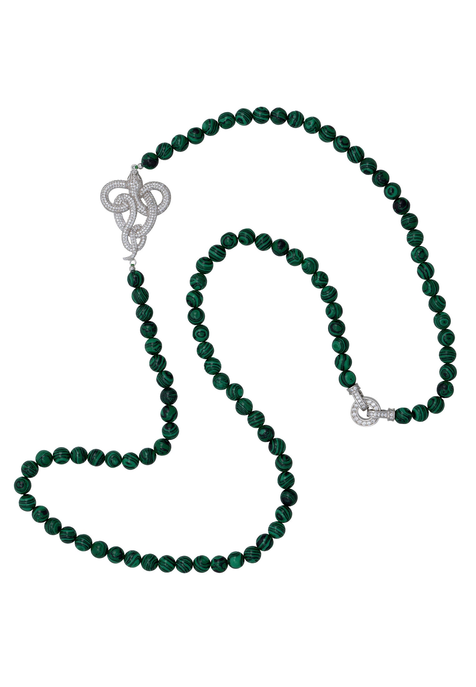 Viper Snake Malachite Gemstone Long Necklace Silver White Cz