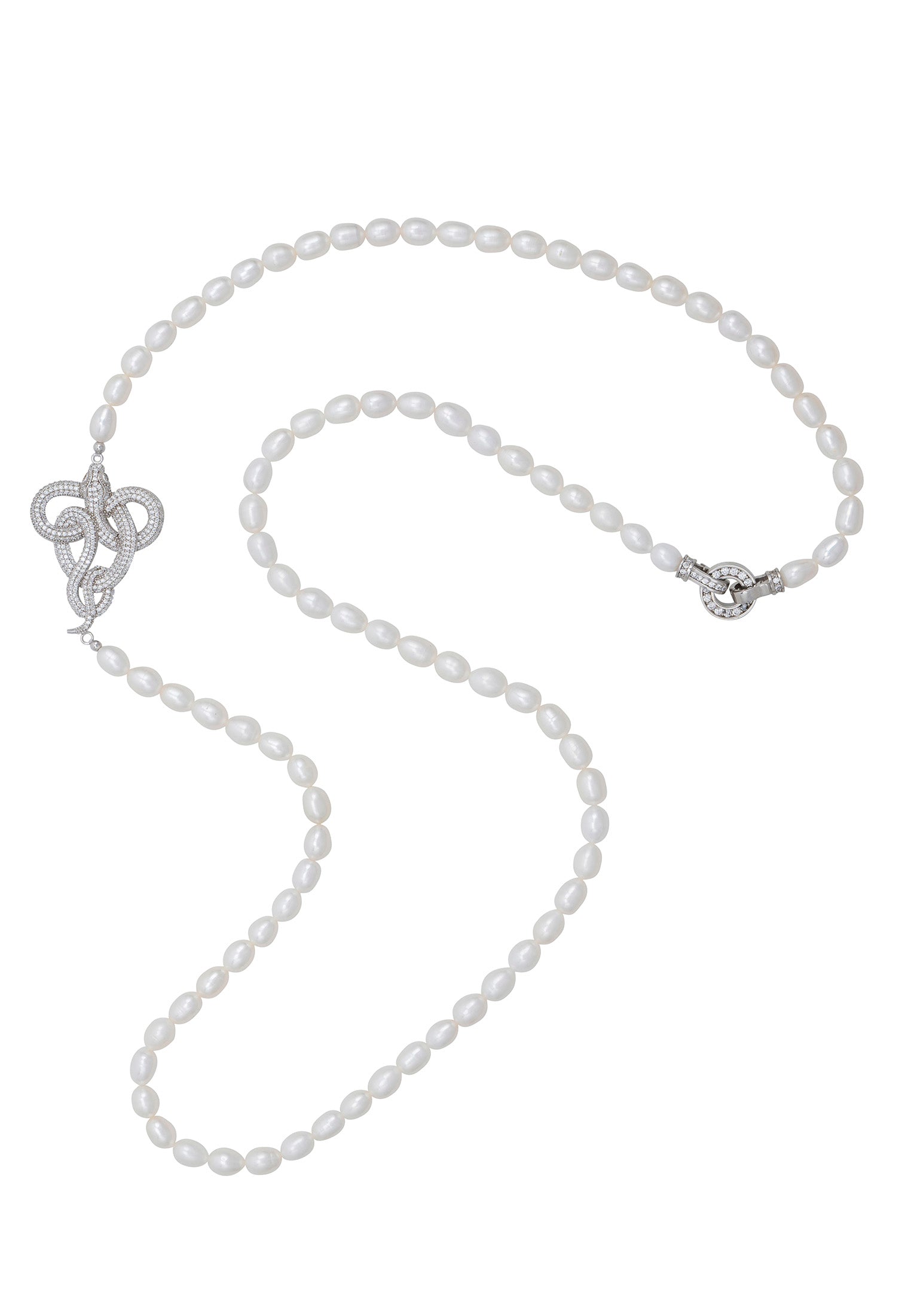 Viper Snake Pearl Gemstone Long Necklace Silver White Cz