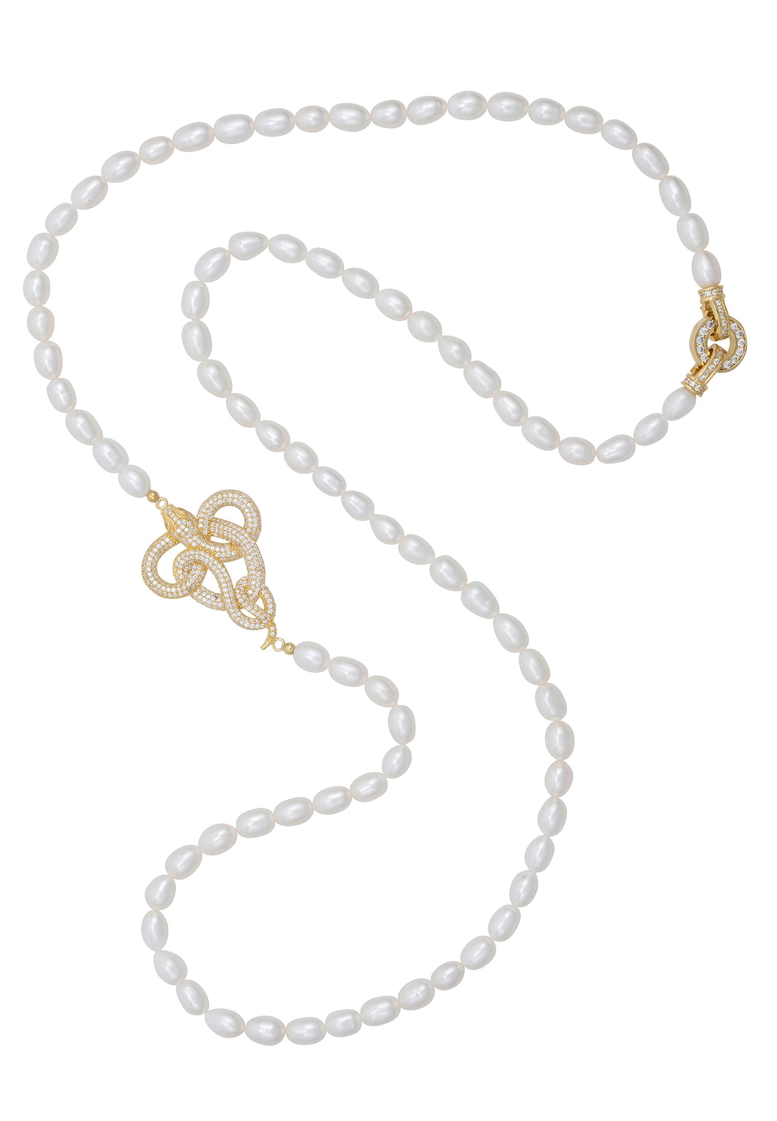 Viper Snake Pearl Gemstone Long Necklace Gold White Cz