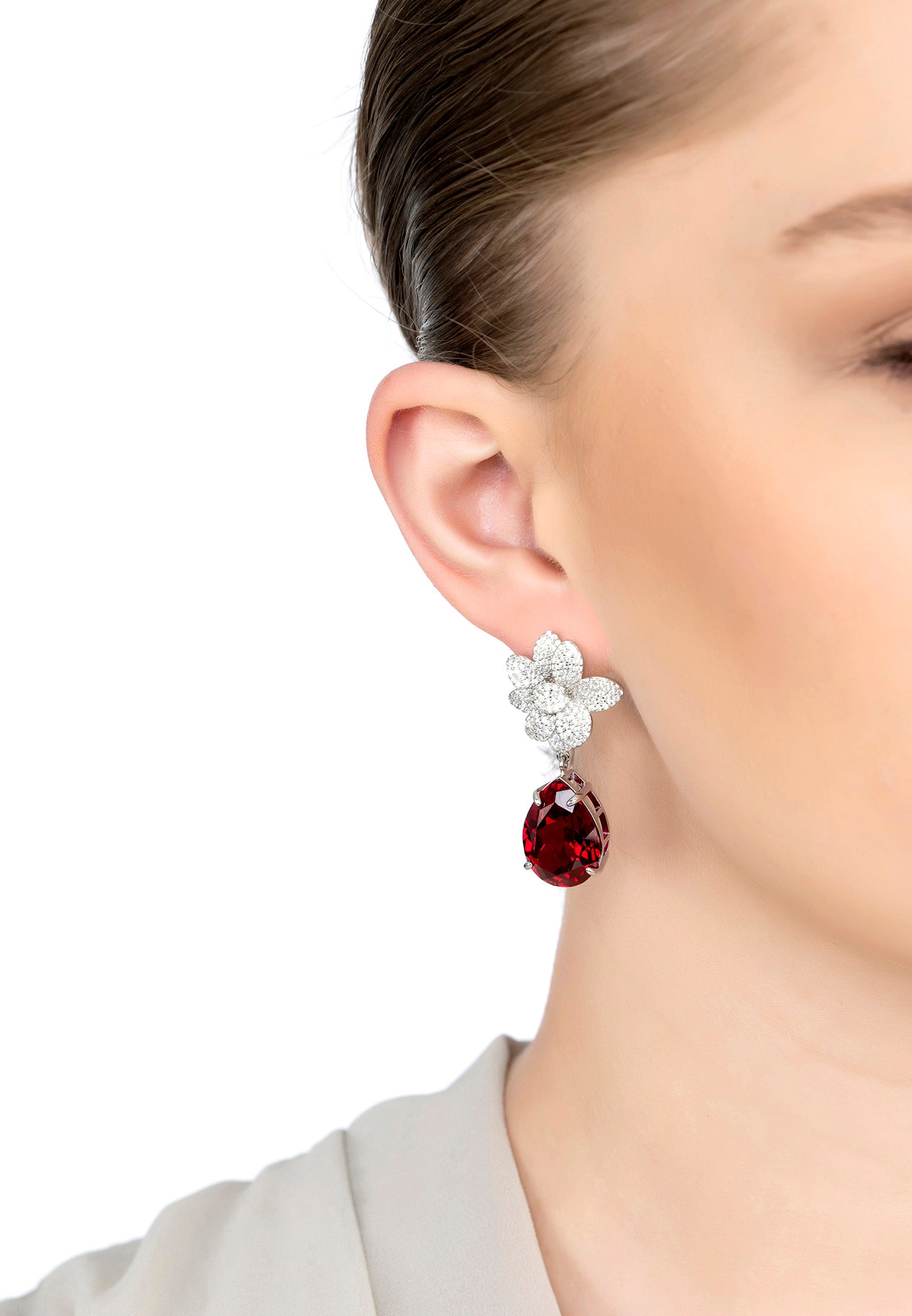 Orchid Flower Teardrop Ruby Earrings Silver