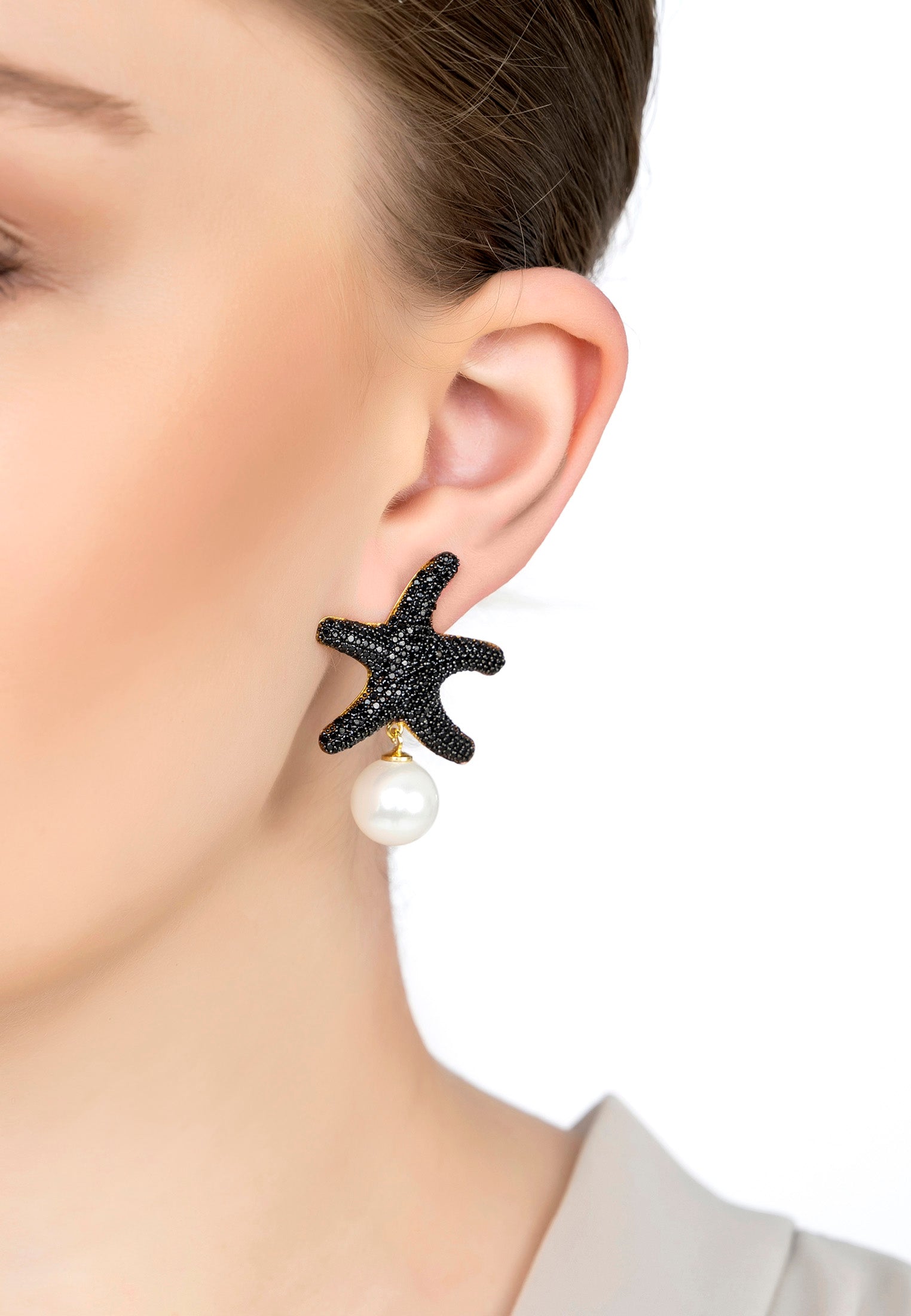 Starfish Pearl Drop Earrings Black Gold