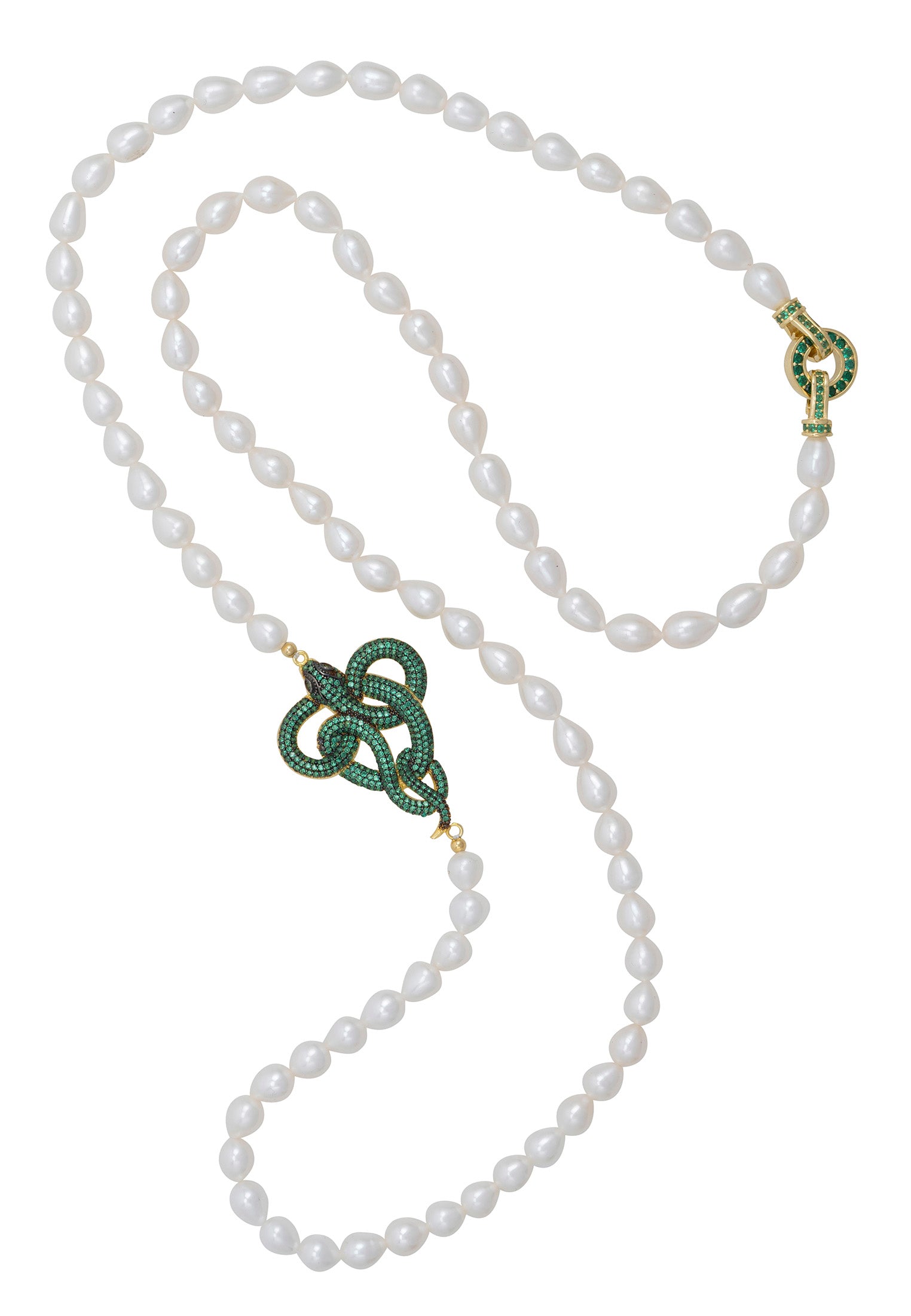 Viper Snake Pearl Gemstone Long Necklace Gold Green Cz