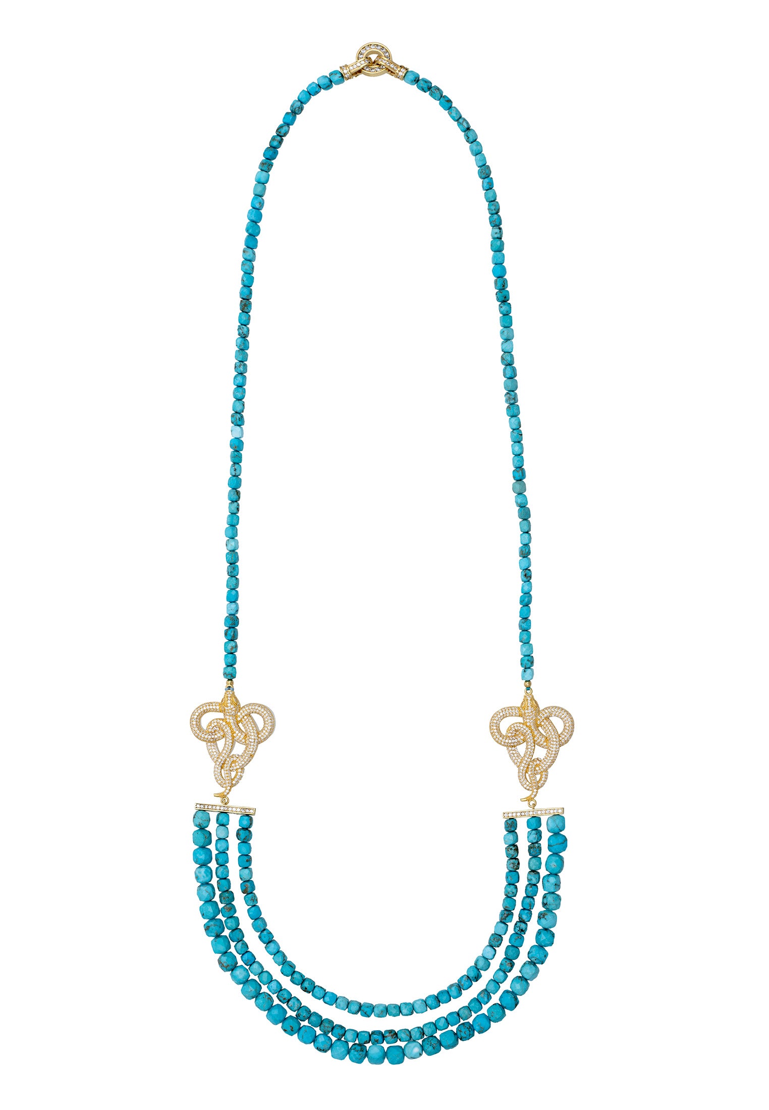 Viper Snake Turquoise Gemstone Multi-Strand Necklace Gold White Cz