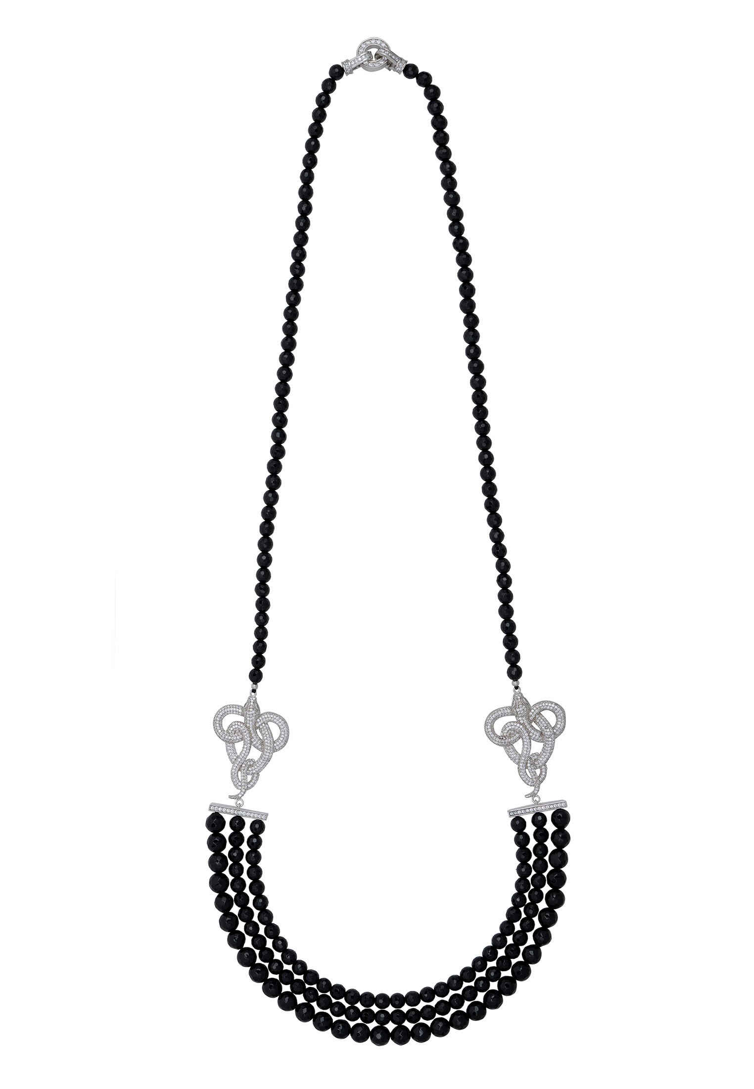 Viper Snake Black Onyx Gemstone Multi-Strand Necklace Silver White Cz