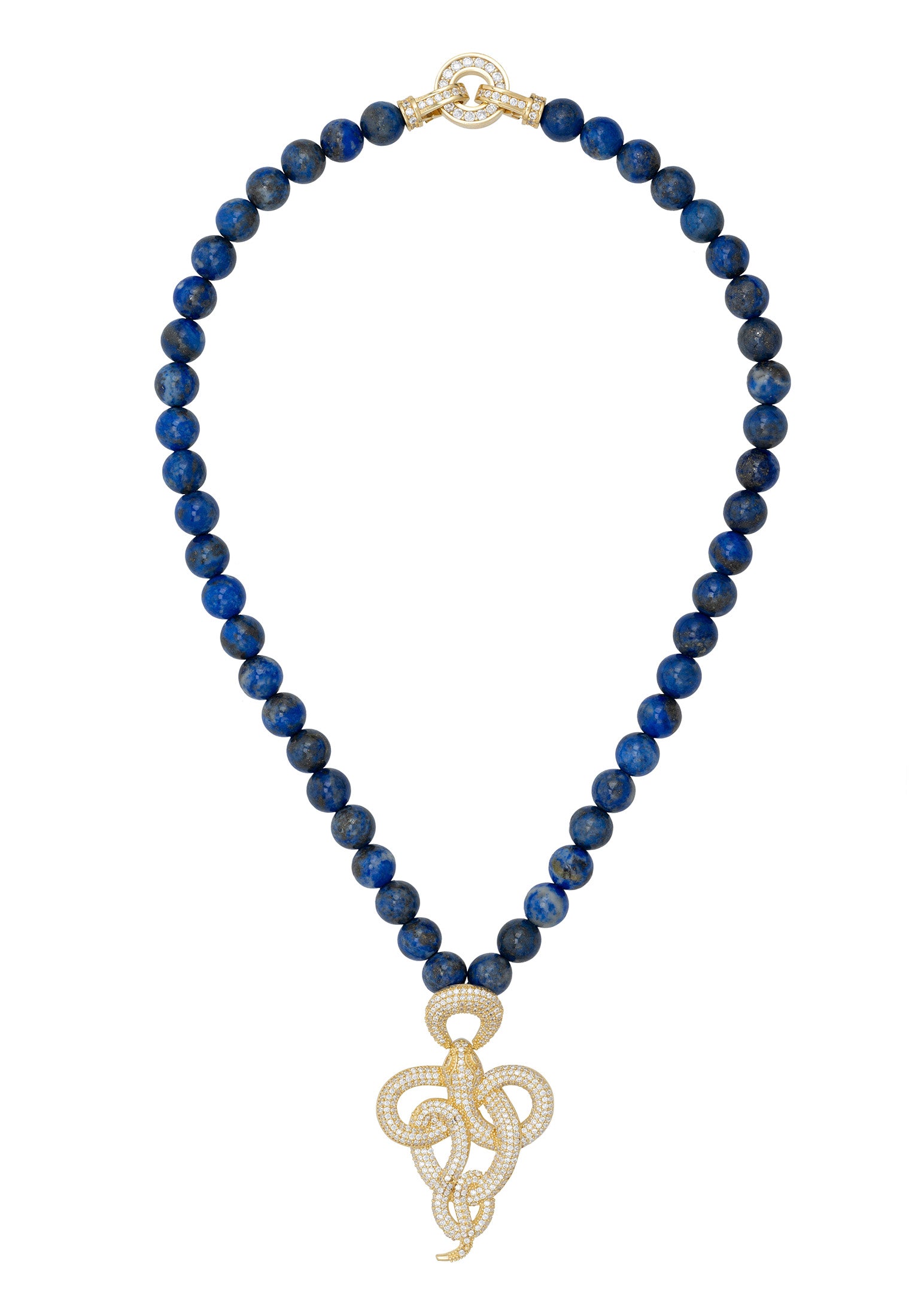 Viper Snake Lapis Lazuli Gemstone Choker Necklace Gold White Cz