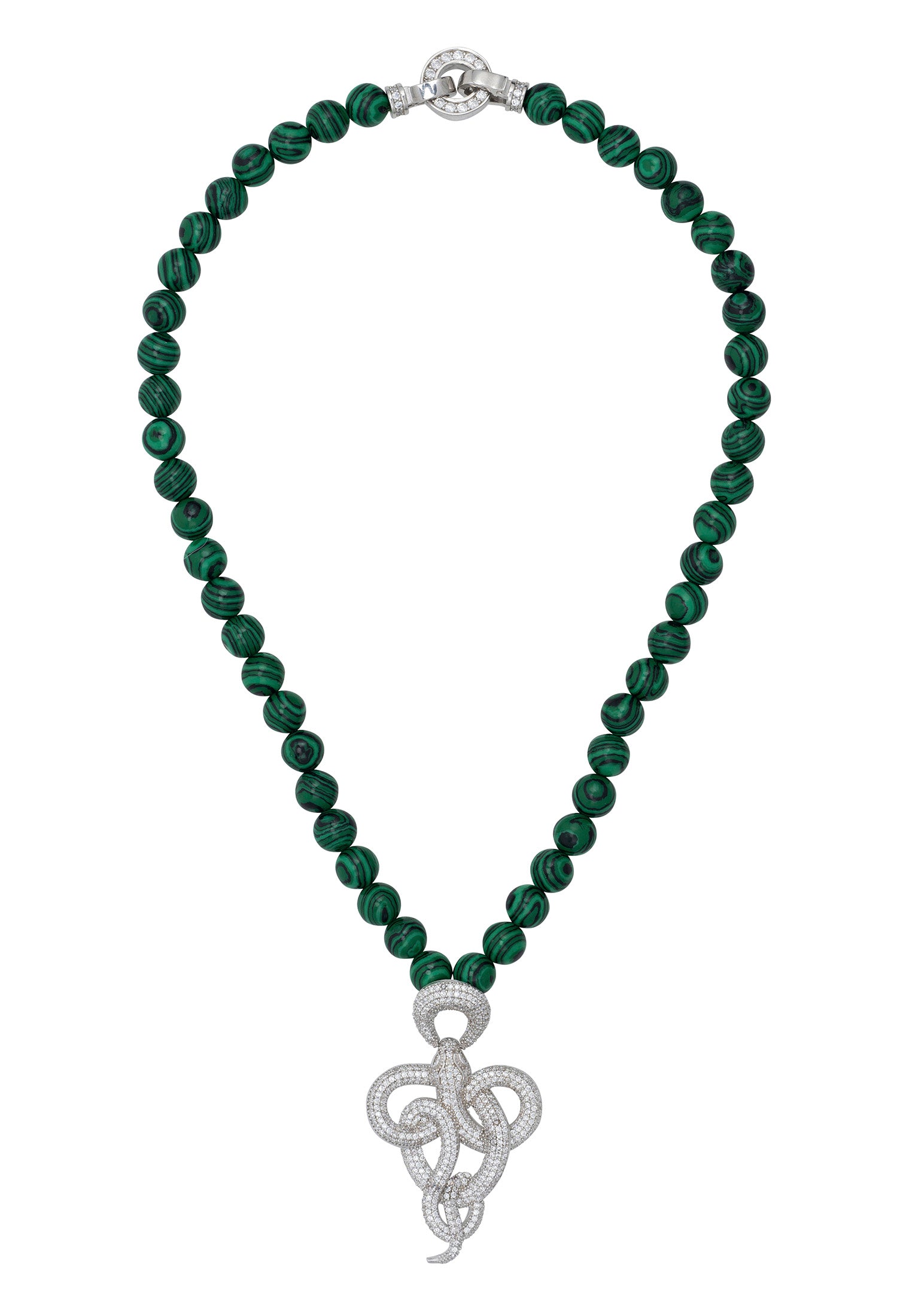 Viper Snake Malachite Gemstone Choker Necklace Silver White Cz