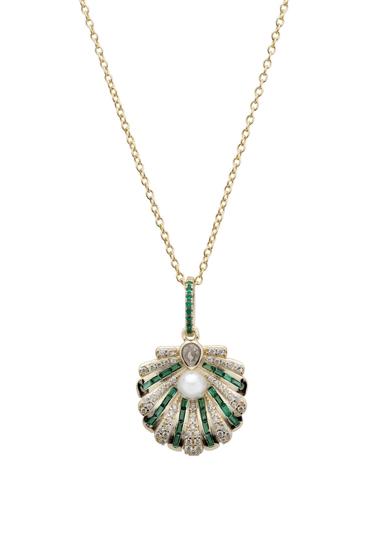 Art Deco Scallop Shell Pendant Necklace Emerald Green With Pearl Gold