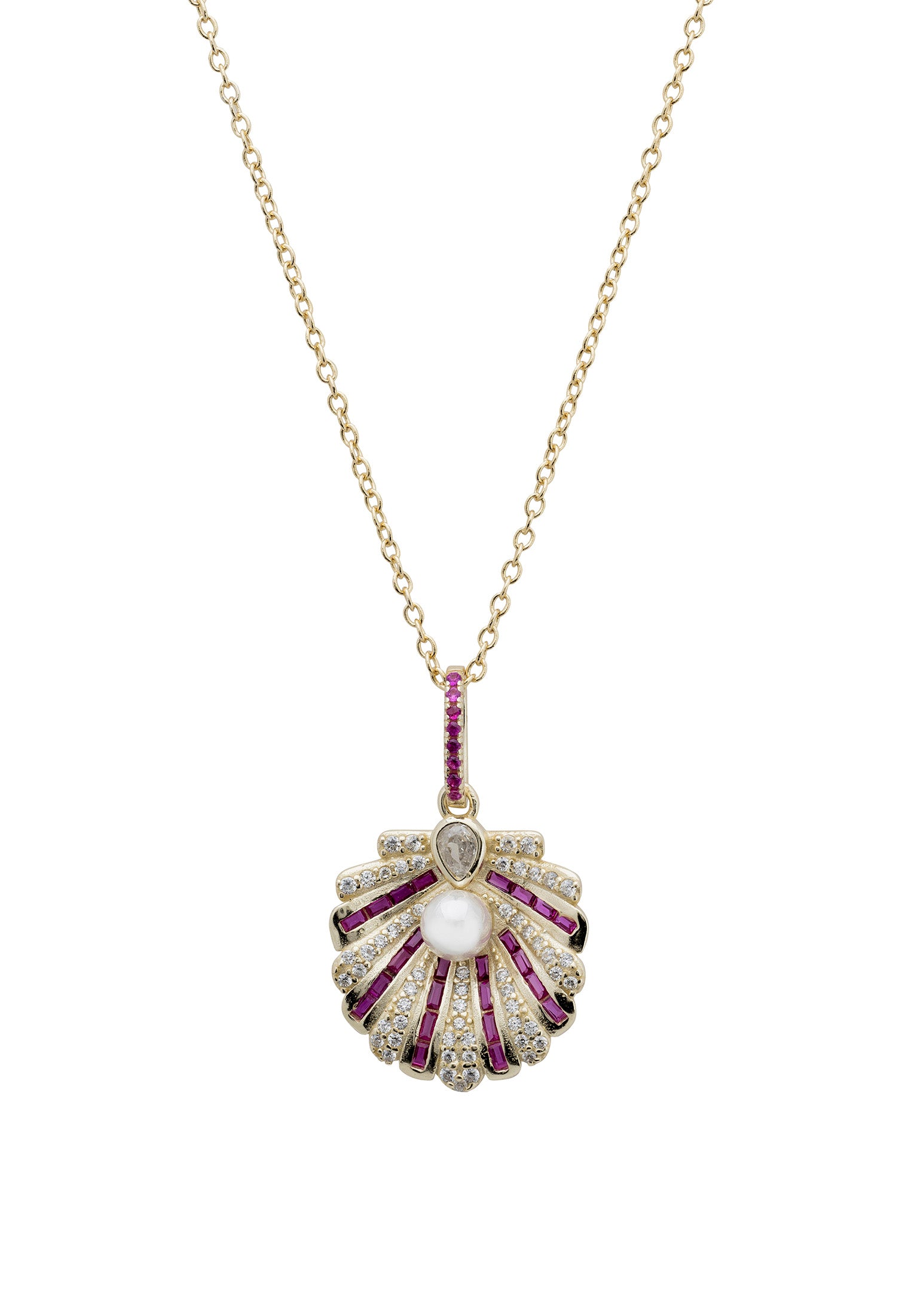 Art Deco Scallop Shell Pendant Necklace Ruby Red With Pearl Gold