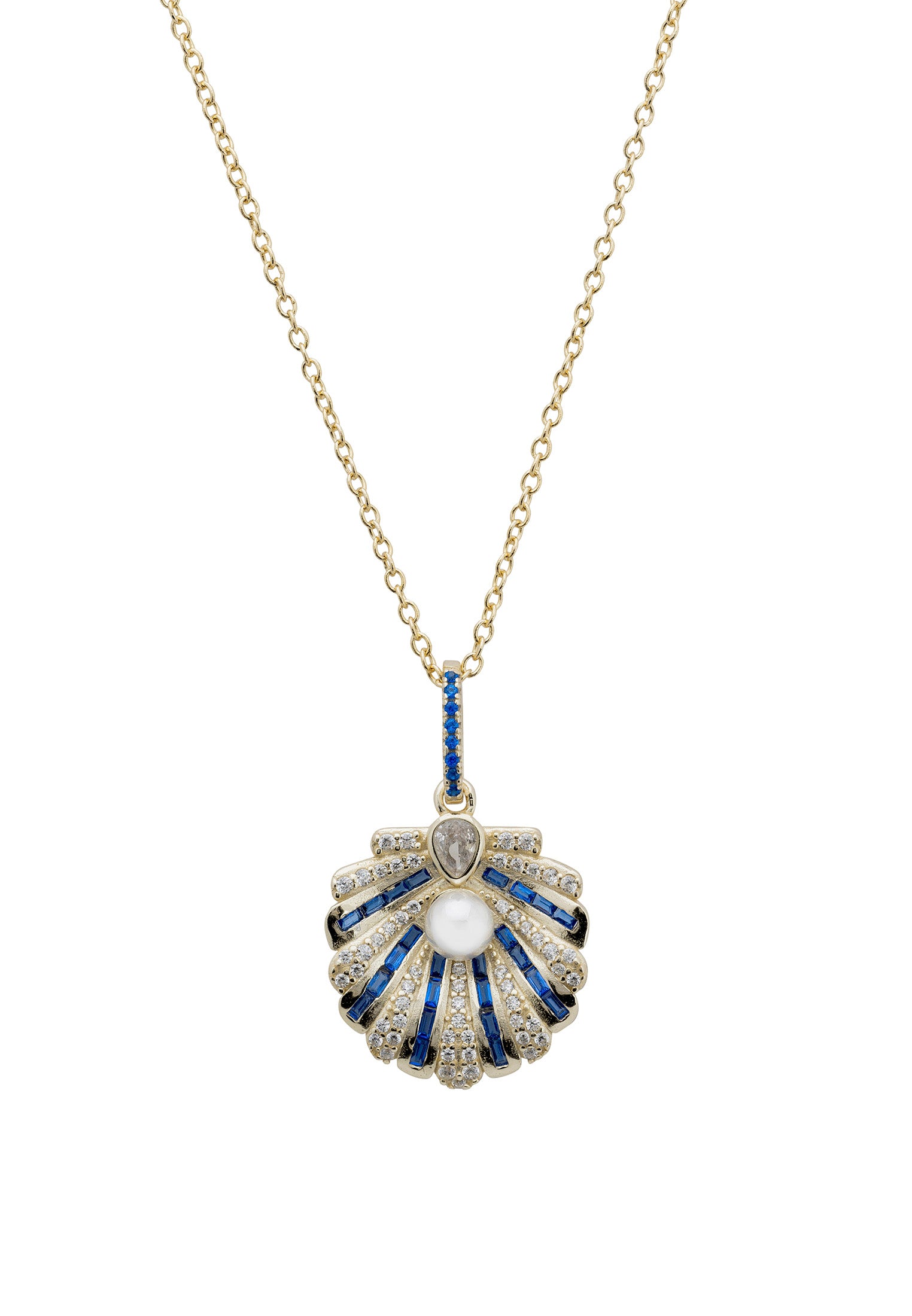 Art Deco Scallop Shell Pendant Necklace Sapphire Blue With Pearl Gold