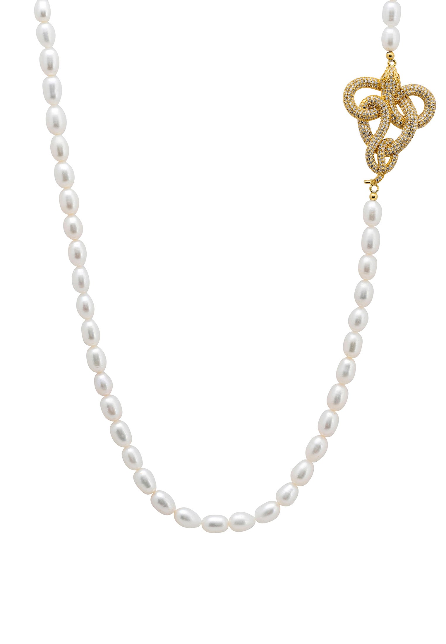 Viper Snake Pearl Gemstone Long Necklace Gold White Cz