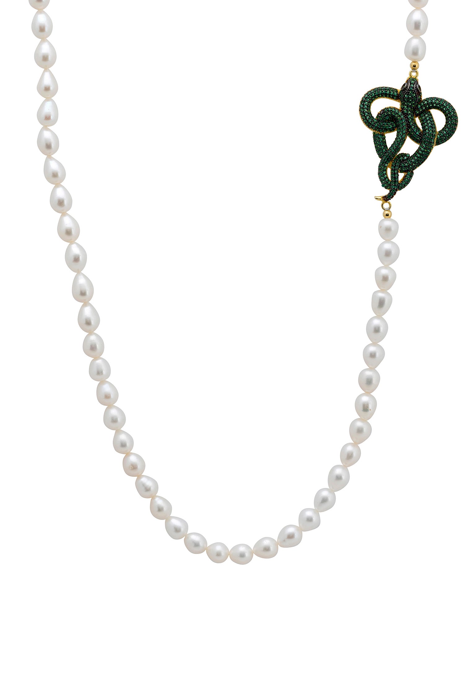 Viper Snake Pearl Gemstone Long Necklace Gold Green Cz