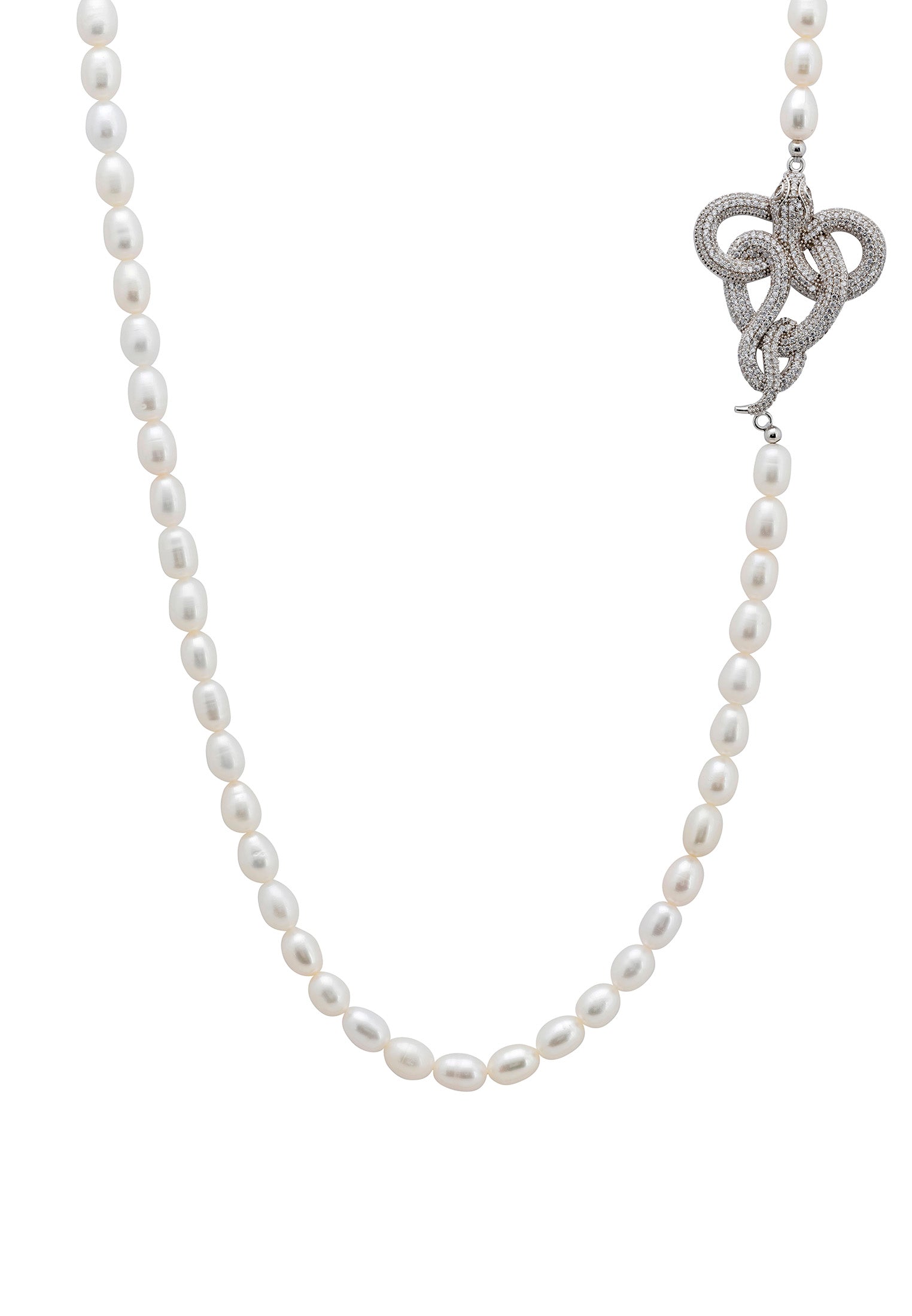 Viper Snake Pearl Gemstone Long Necklace Silver White Cz