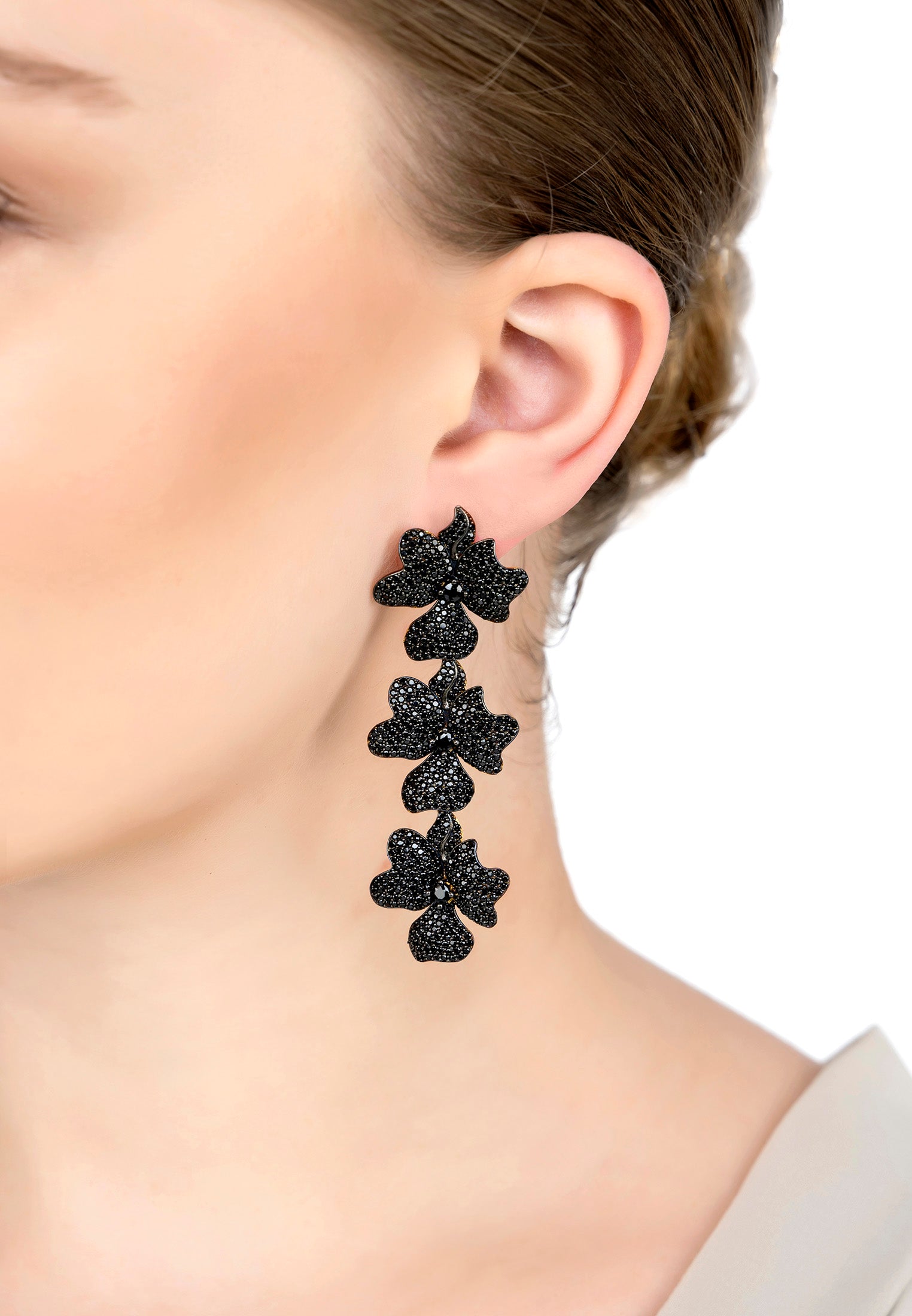 Jasmine Flower Triple Drop Earrings Gold Black