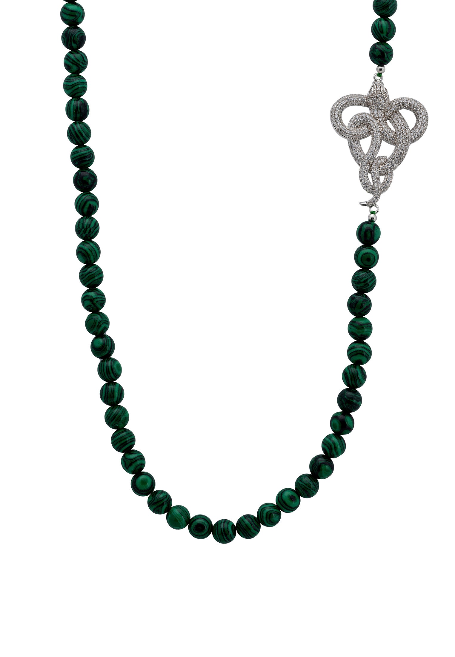 Viper Snake Malachite Gemstone Long Necklace Silver White Cz