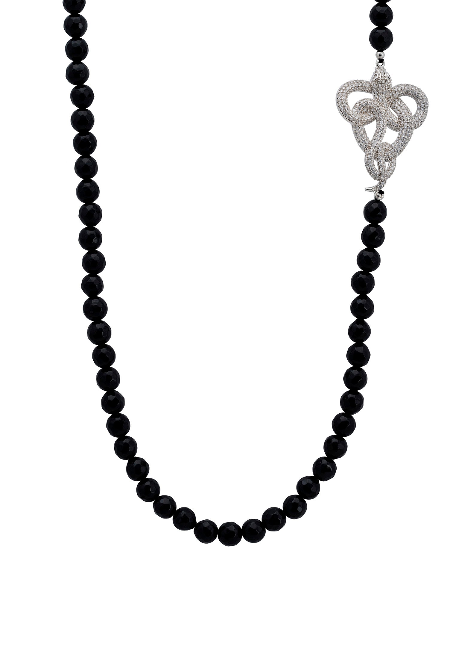 Viper Snake Black Onyx Gemstone Long Necklace Silver White Cz