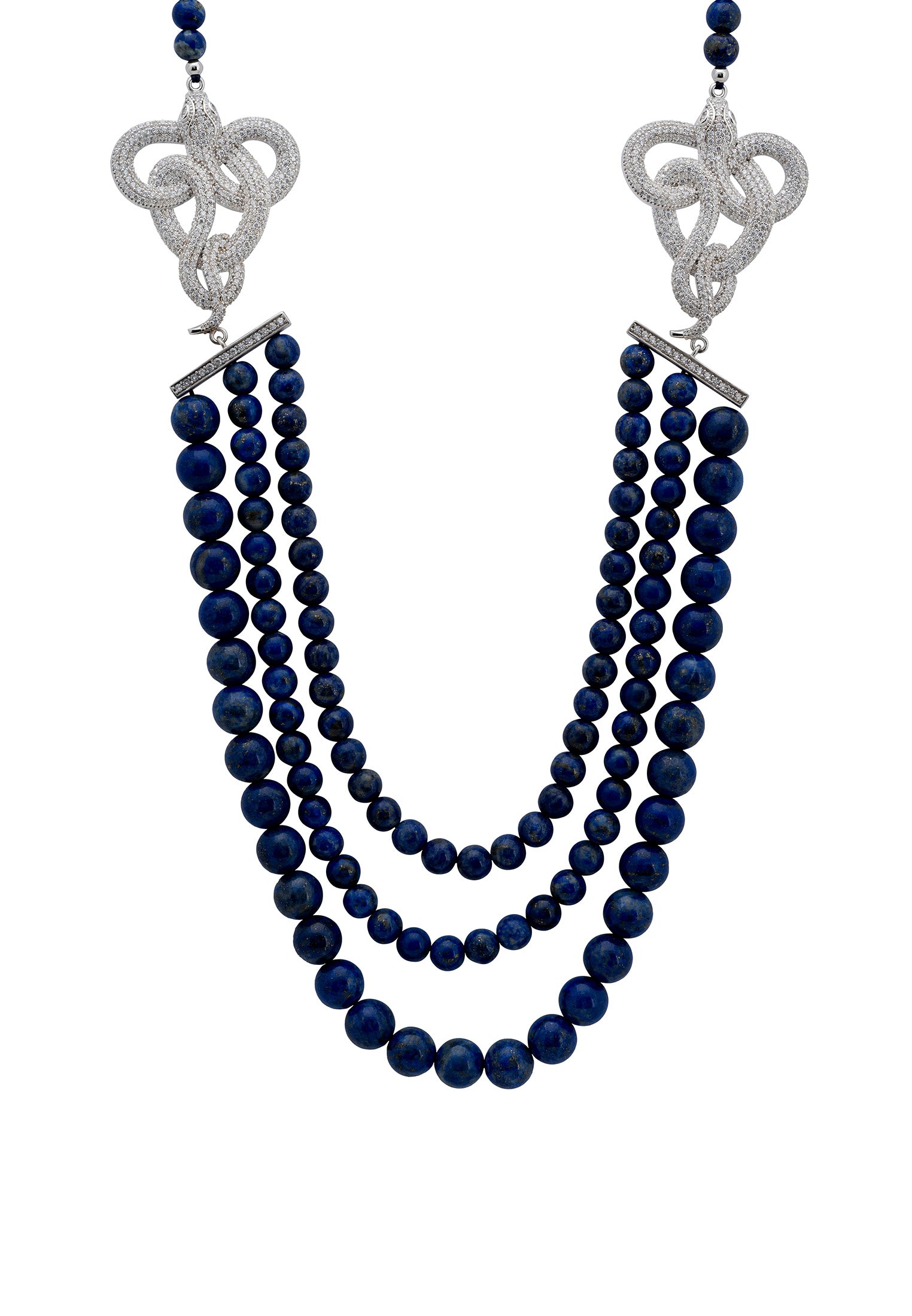 Viper Snake Lapis Lazuli Gemstone Multi-Strand Necklace Silver White Cz