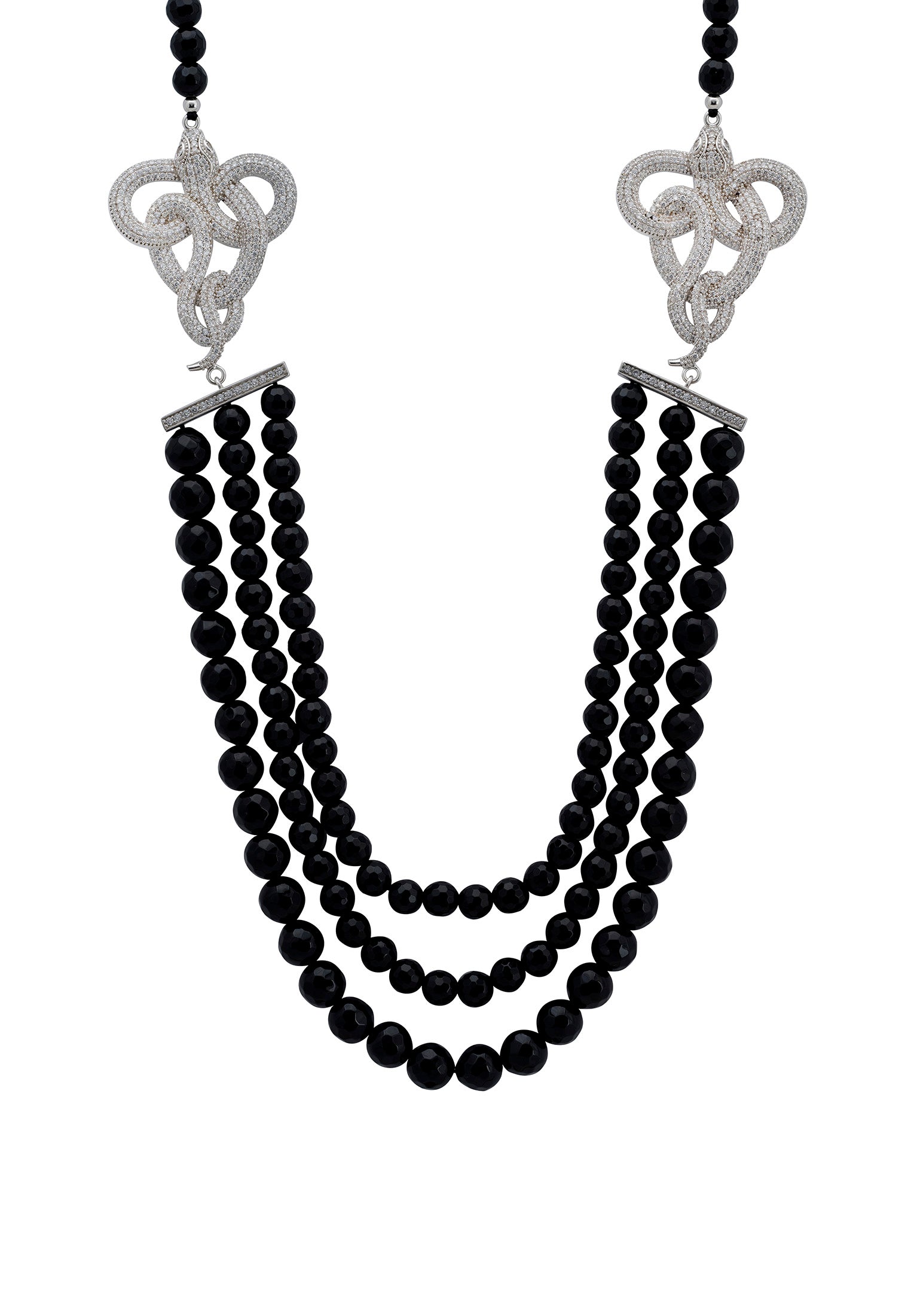 Viper Snake Black Onyx Gemstone Multi-Strand Necklace Silver White Cz