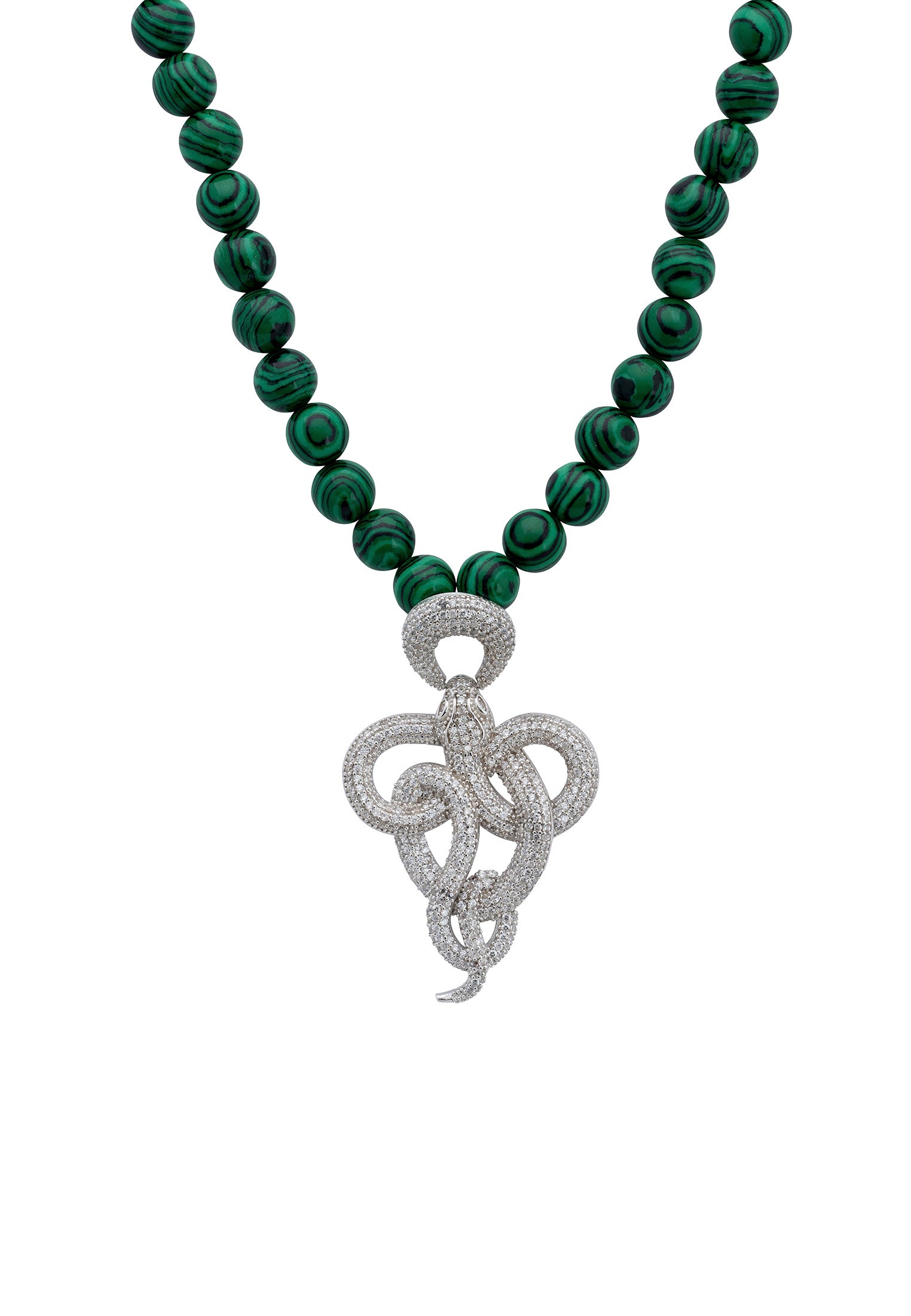 Viper Snake Malachite Gemstone Choker Necklace Silver White Cz