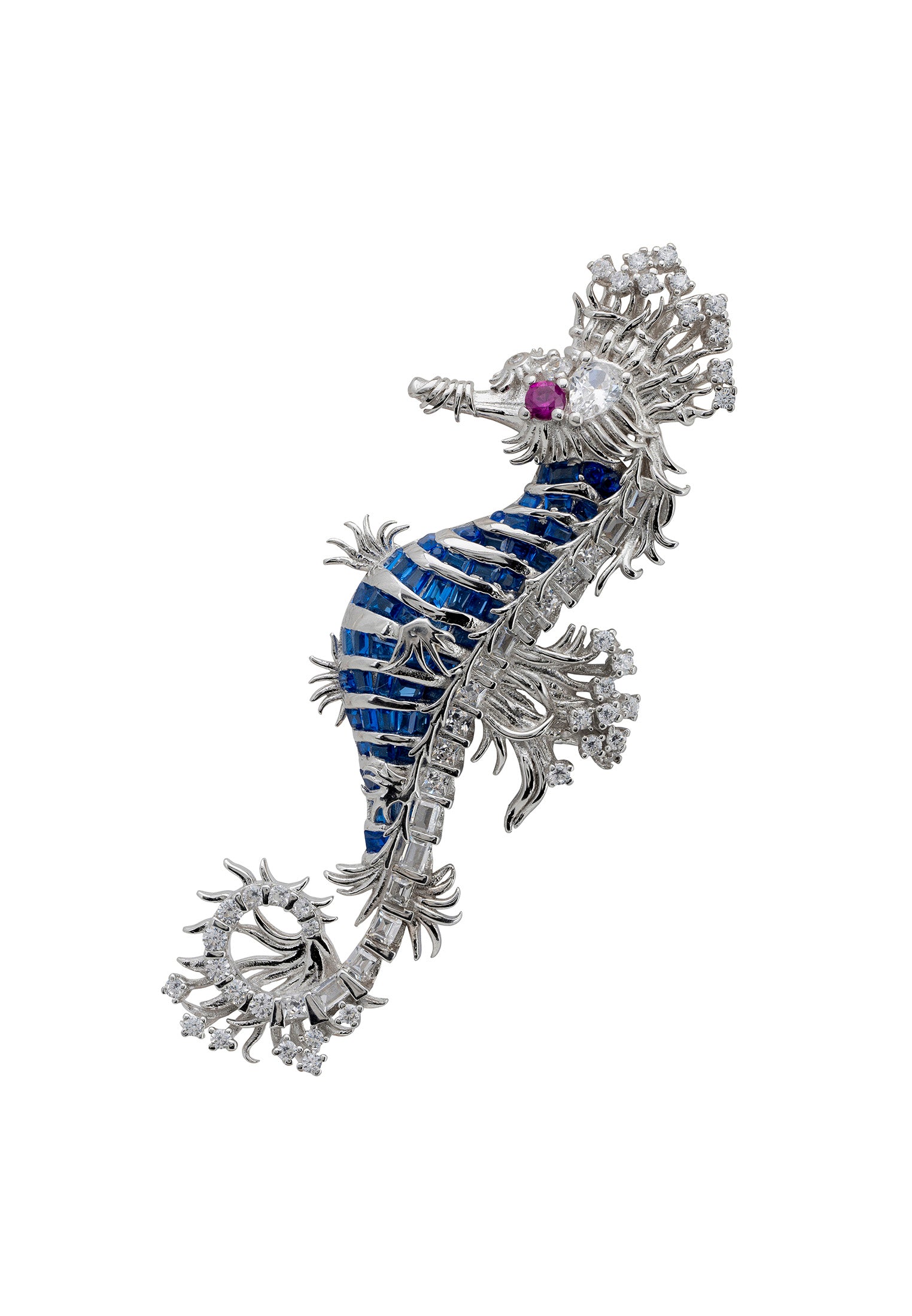 Seahorse Brooch Silver Sapphire Blue Cz