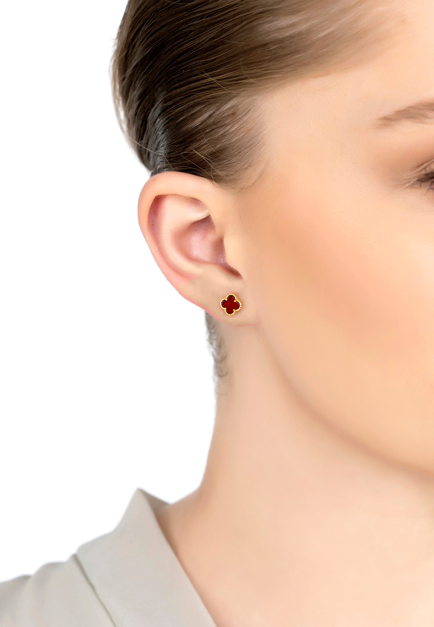 Mini Clover Flower Stud Earrings Carnelian Gold