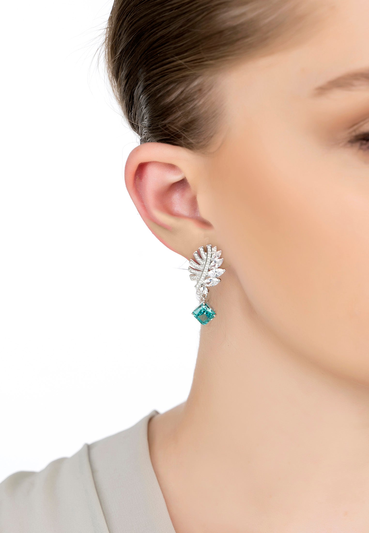 Palm Leaf Aquamarine Drop Earrings Silver