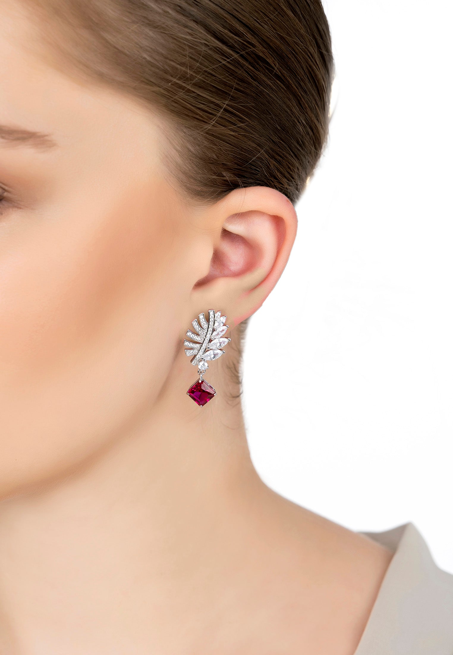 Palm Leaf Ruby Drop Earrings Silver