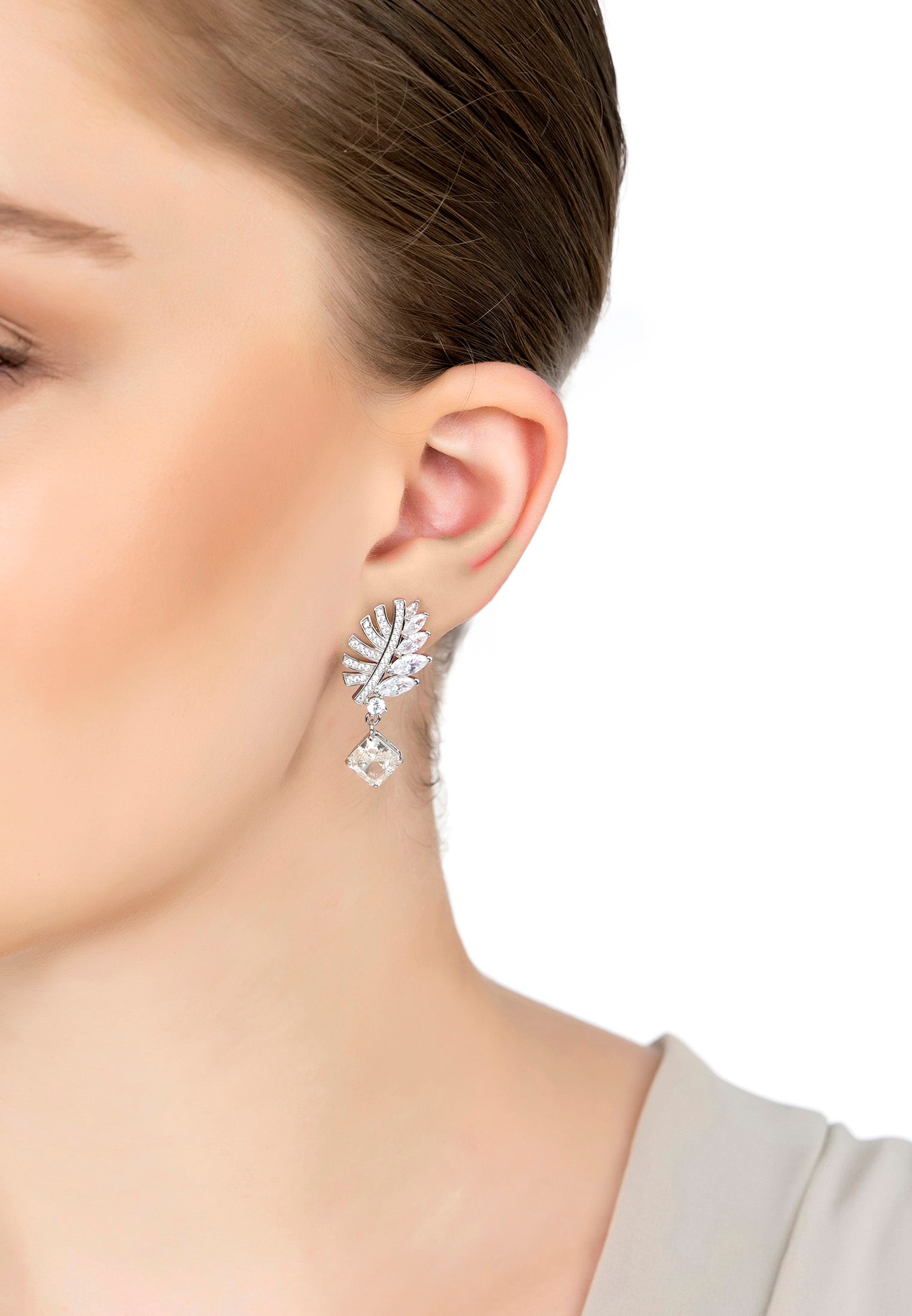 Palm Leaf Moissanite Drop Earrings Silver