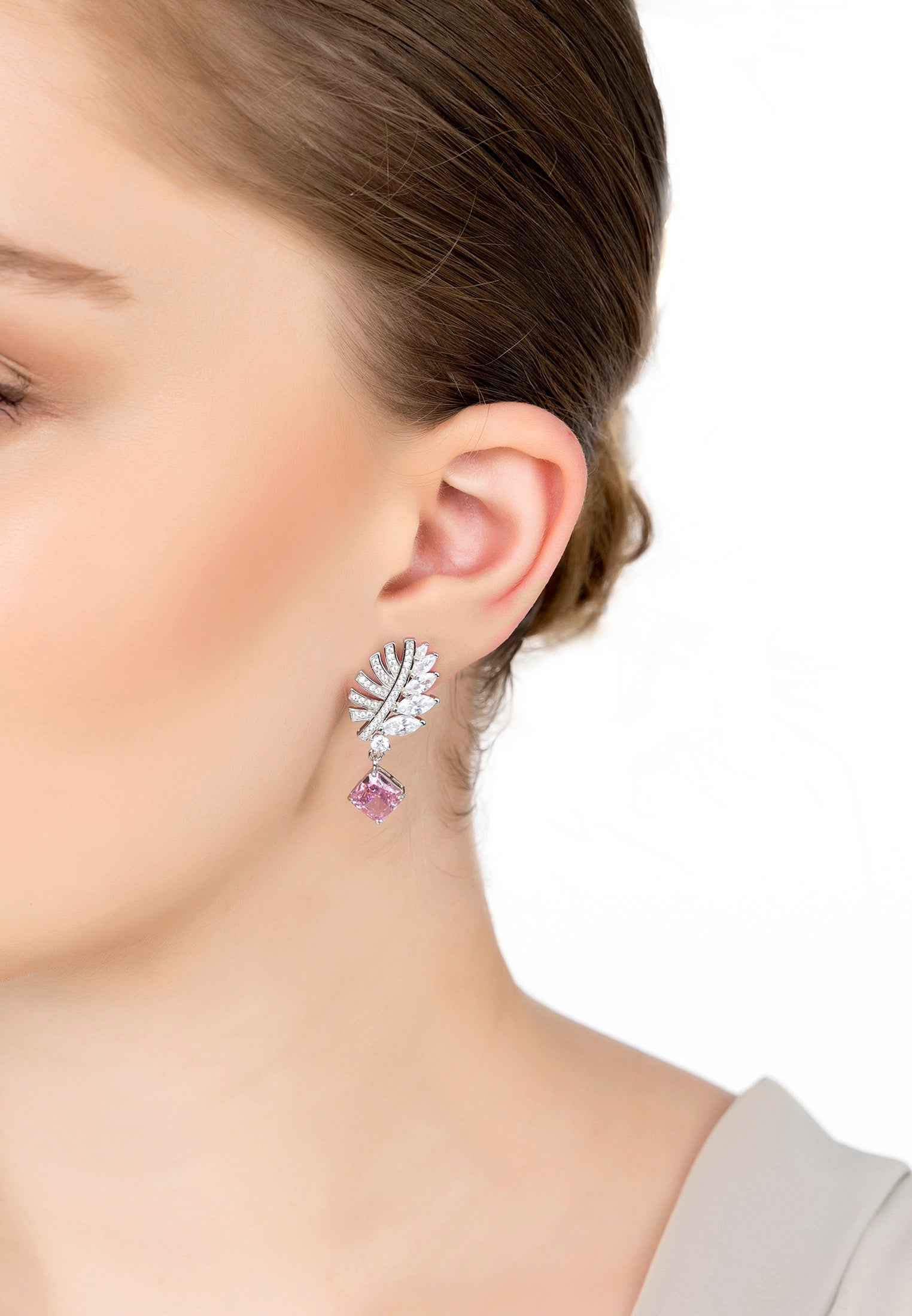 Palm Leaf Morganite Drop Earrings Silver