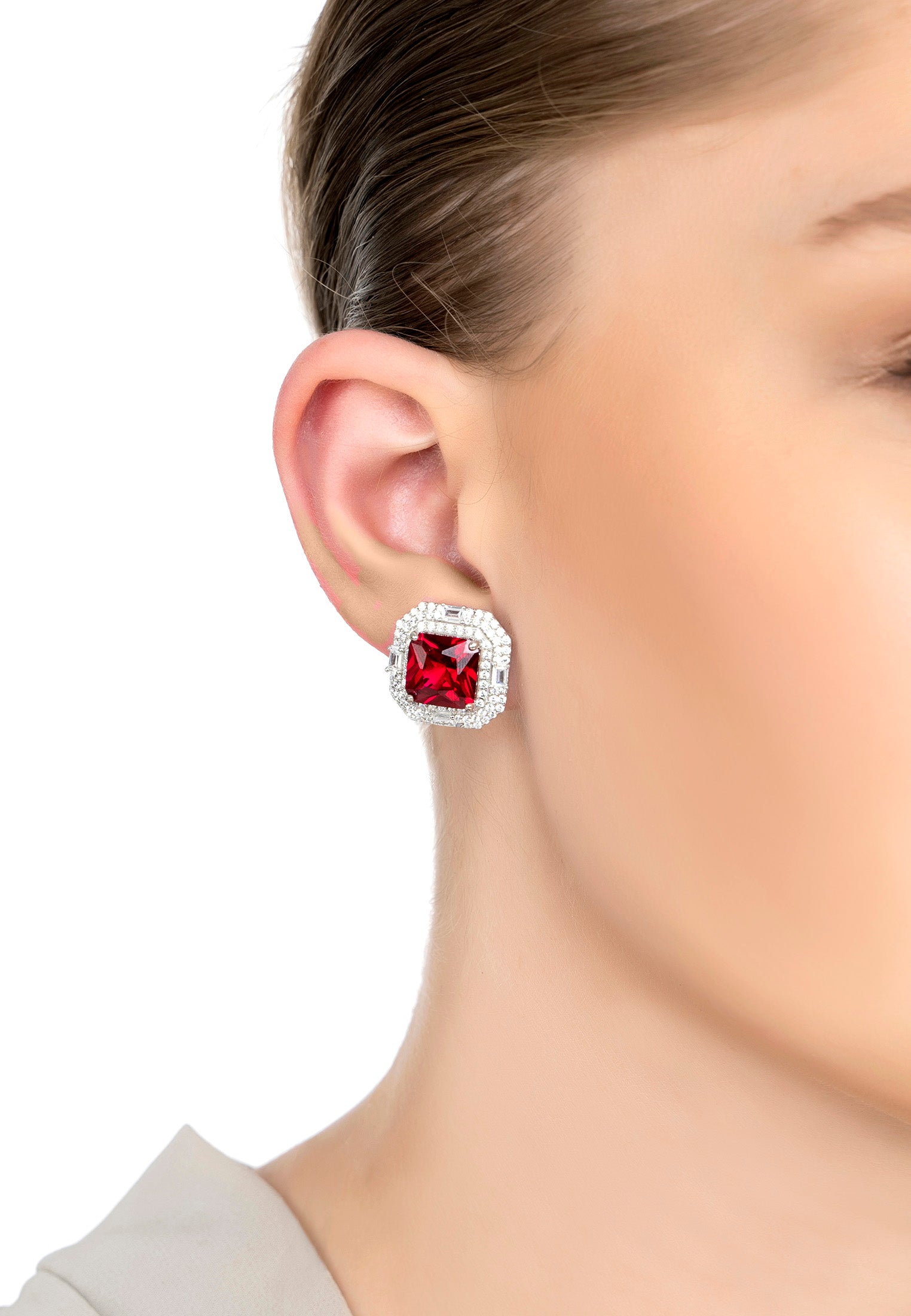 Madeleine Large Stud Earrings Silver Ruby