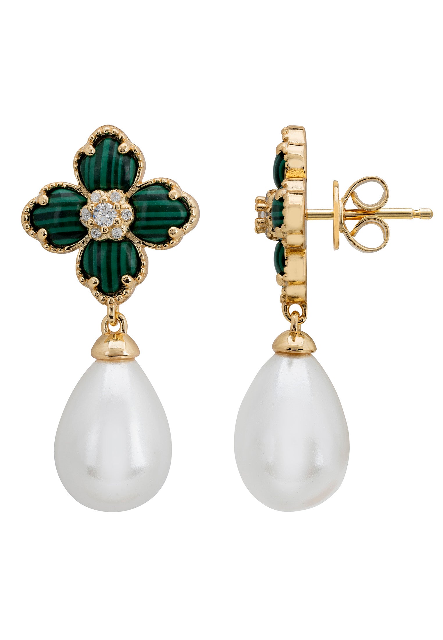 Flower Clover Pearl Drop Earrings Malachite Gold