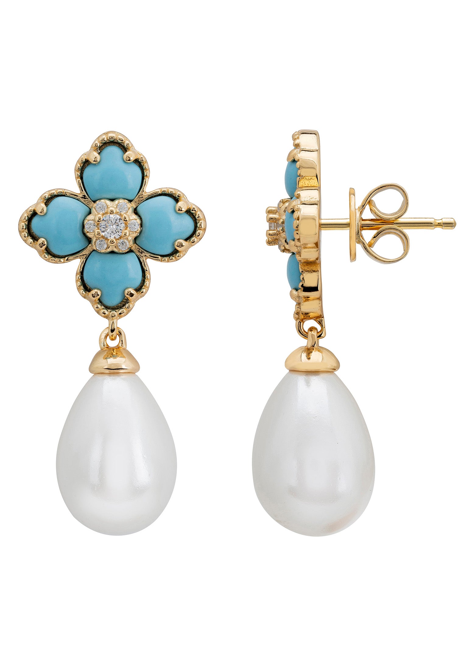 Flower Clover Pearl Drop Earrings Turquoise Gold