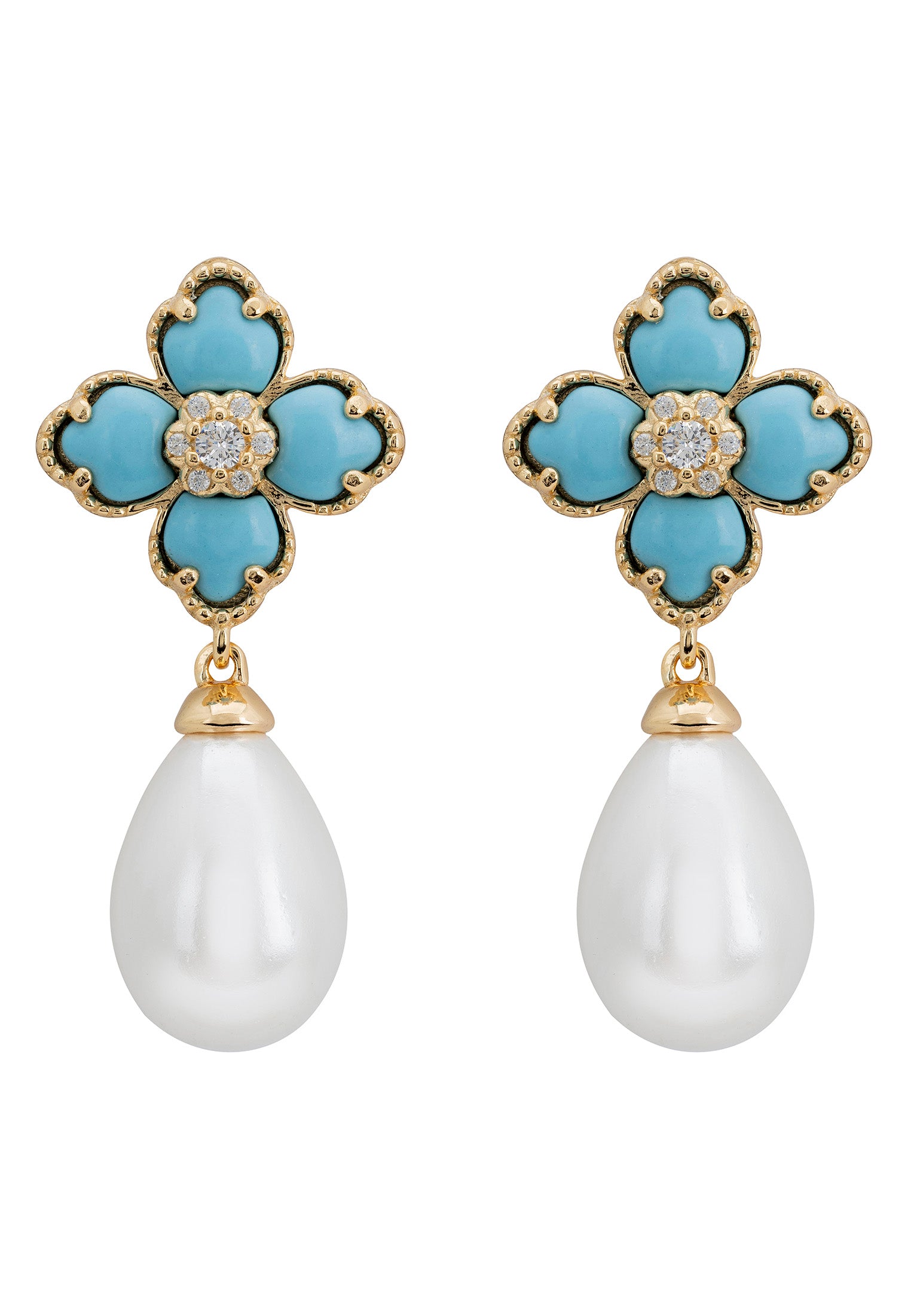 Flower Clover Pearl Drop Earrings Turquoise Gold