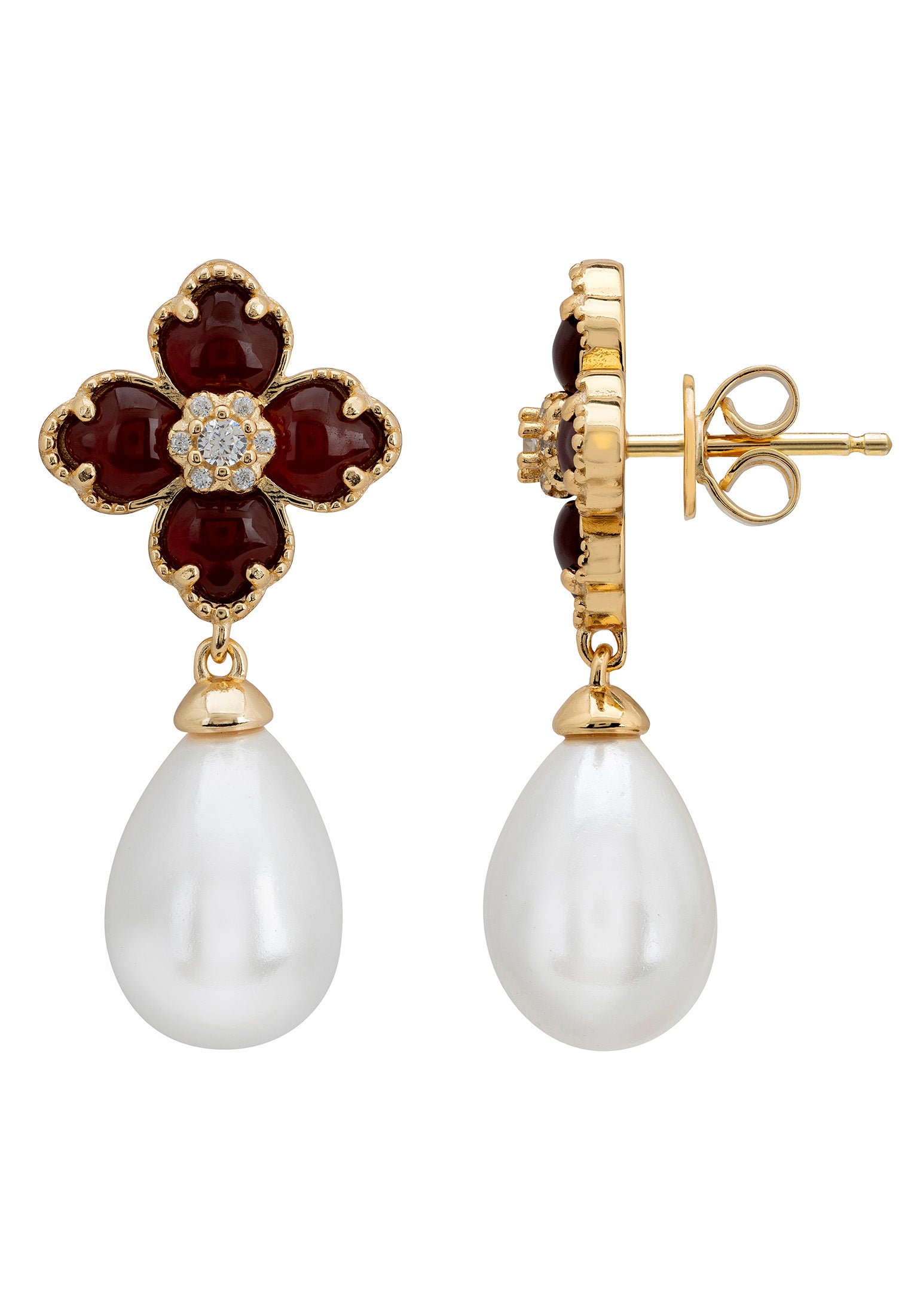 Flower Clover Pearl Drop Earrings Carnelian Gold