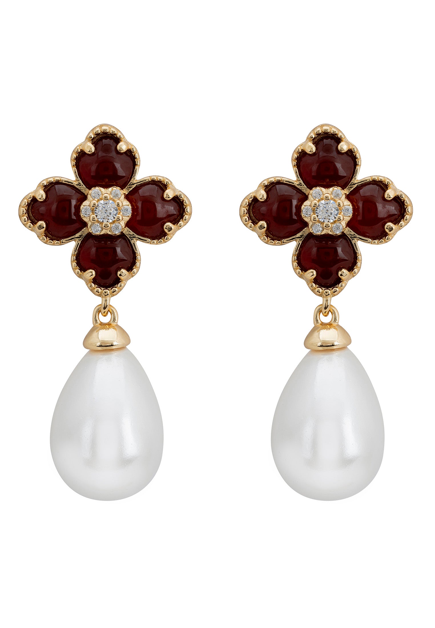 Flower Clover Pearl Drop Earrings Carnelian Gold