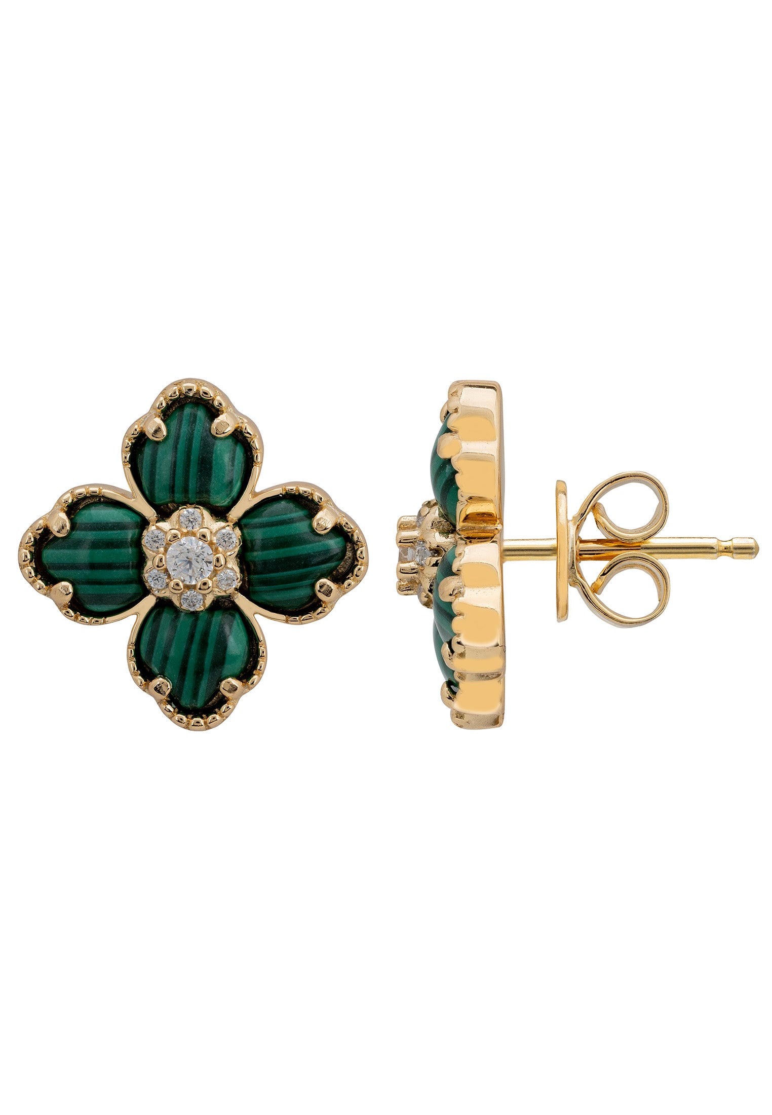 Flower Clover Malachite Stud Earrings Gold