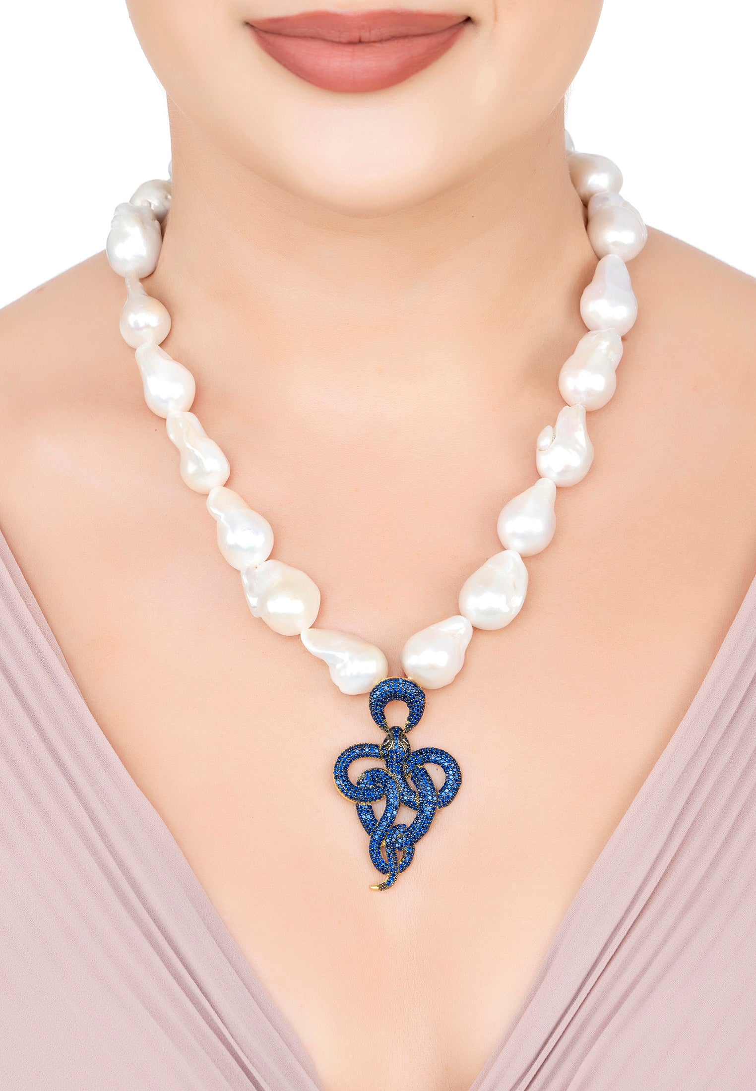 Viper Snake Baroque Pearl Statement Necklace Gold Sapphire CZ