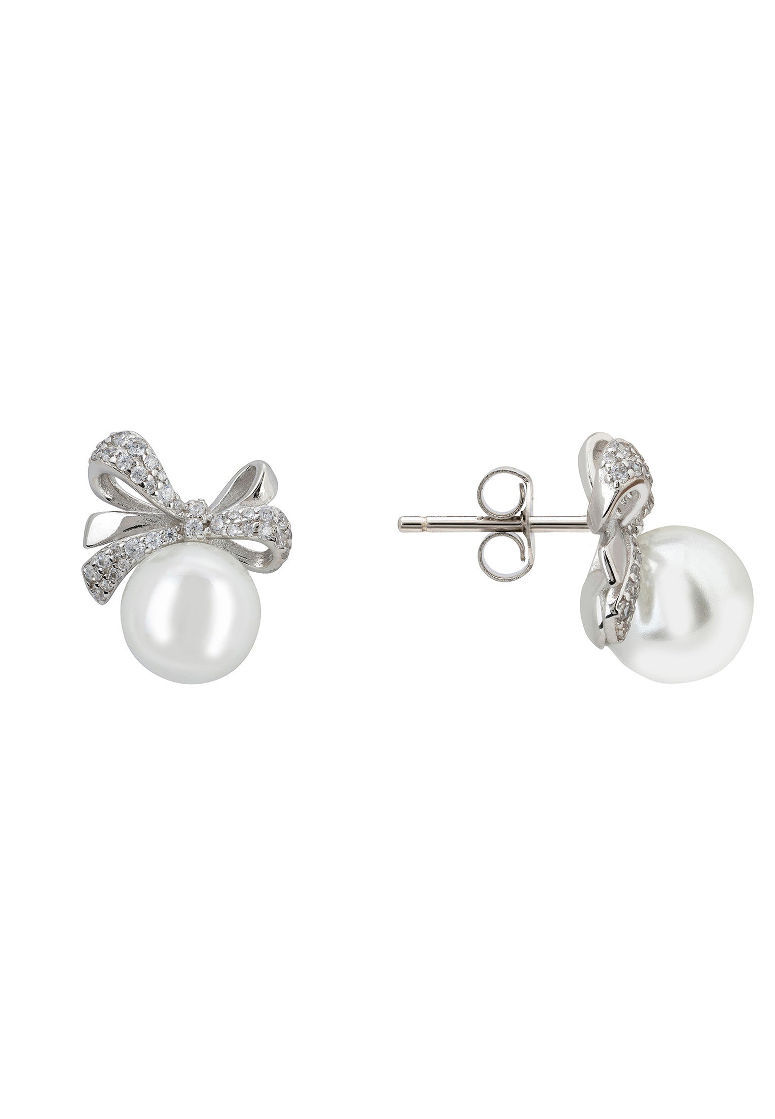 Ribbon Bow Pearl Stud Earrings Silver