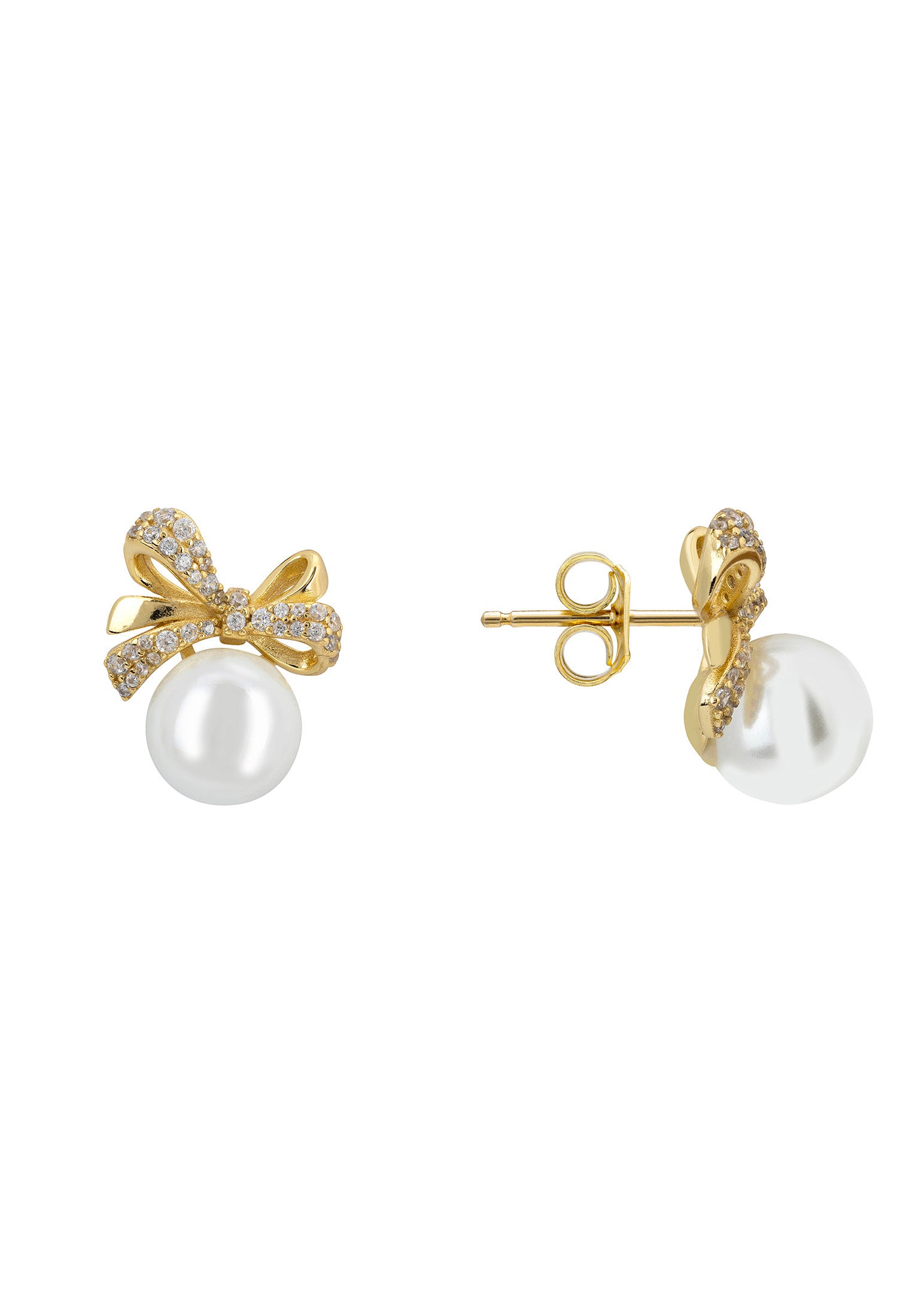 Ribbon Bow Pearl Stud Earrings Gold