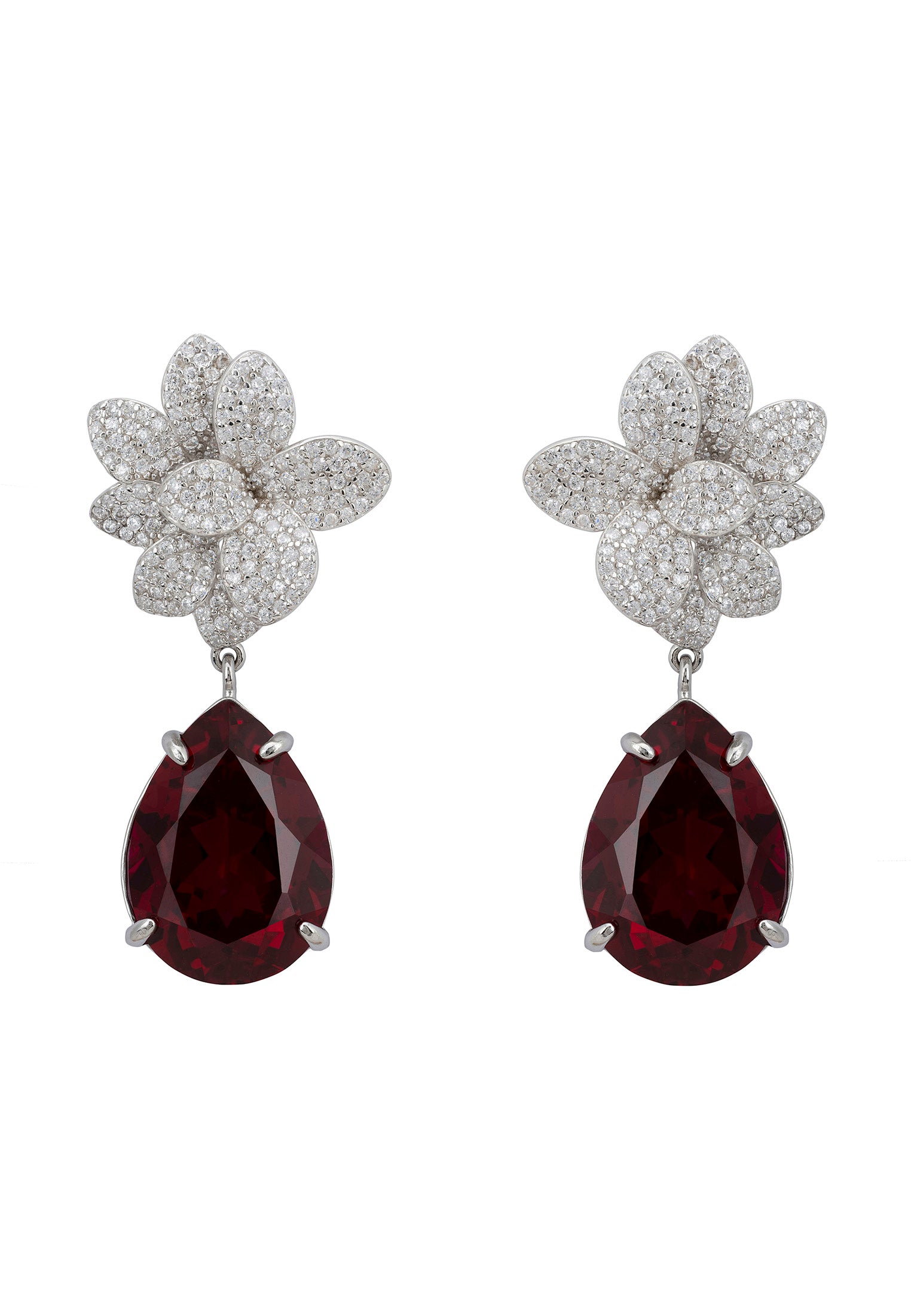 Orchid Flower Teardrop Ruby Earrings Silver