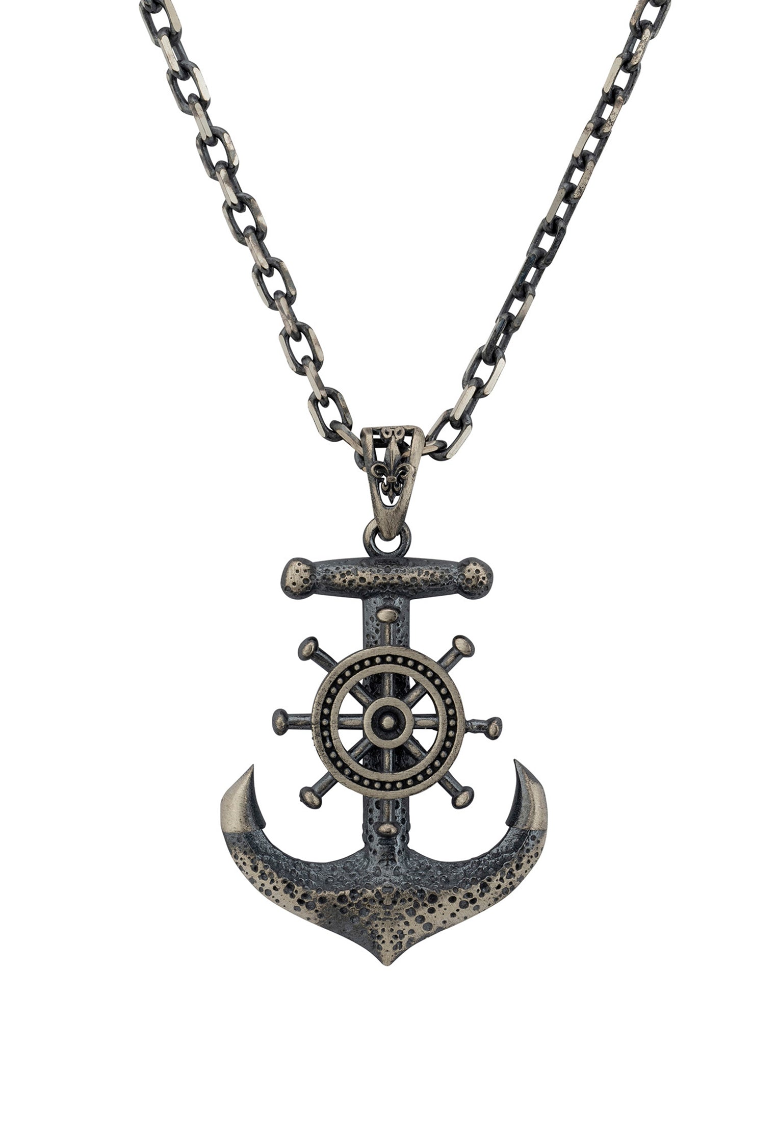 Anchors Away Mens Pendant Necklace Silver Oxidised