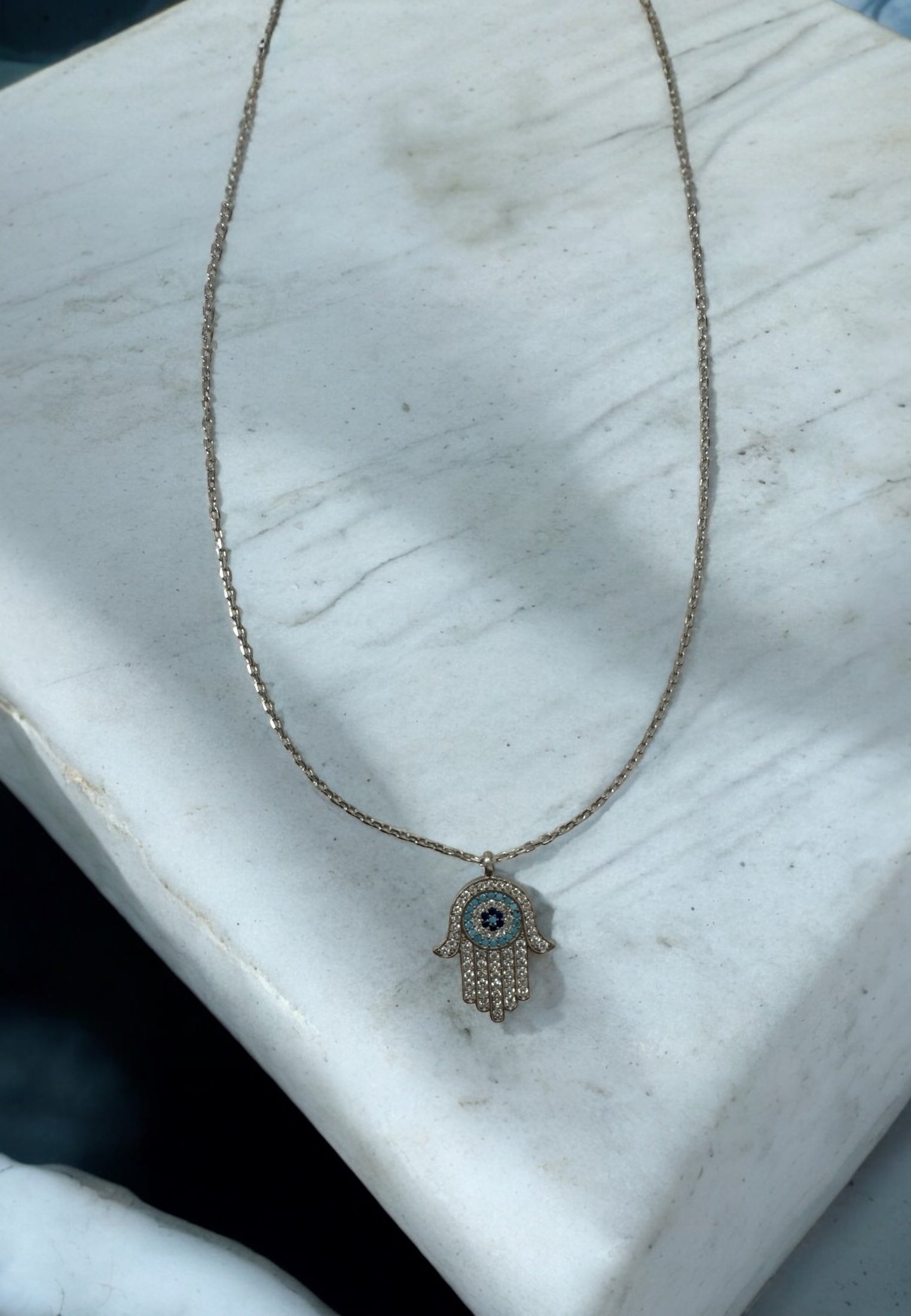 Collar Con Colgante Mano De Hamsa Con Mal De Ojo Plata Turquesa