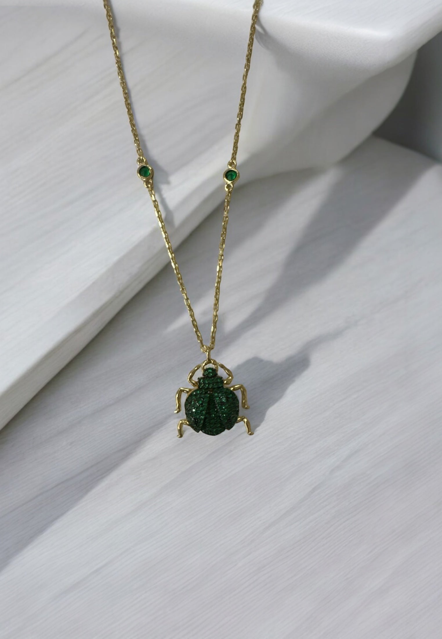 Scarab Beetle Egyptian Green Pendant Necklace Gold