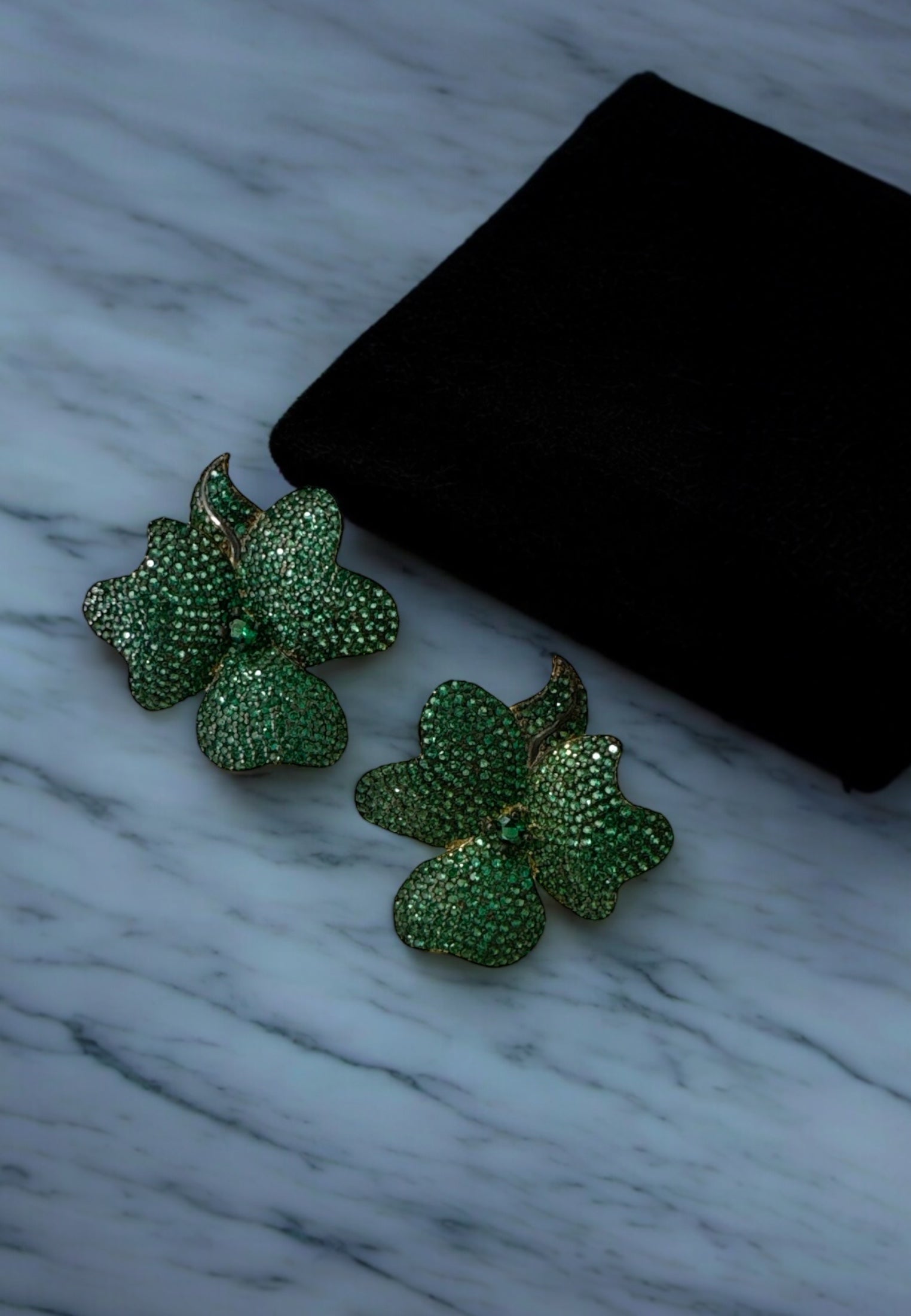 Flower Large Stud Earrings Gold Emerald Green