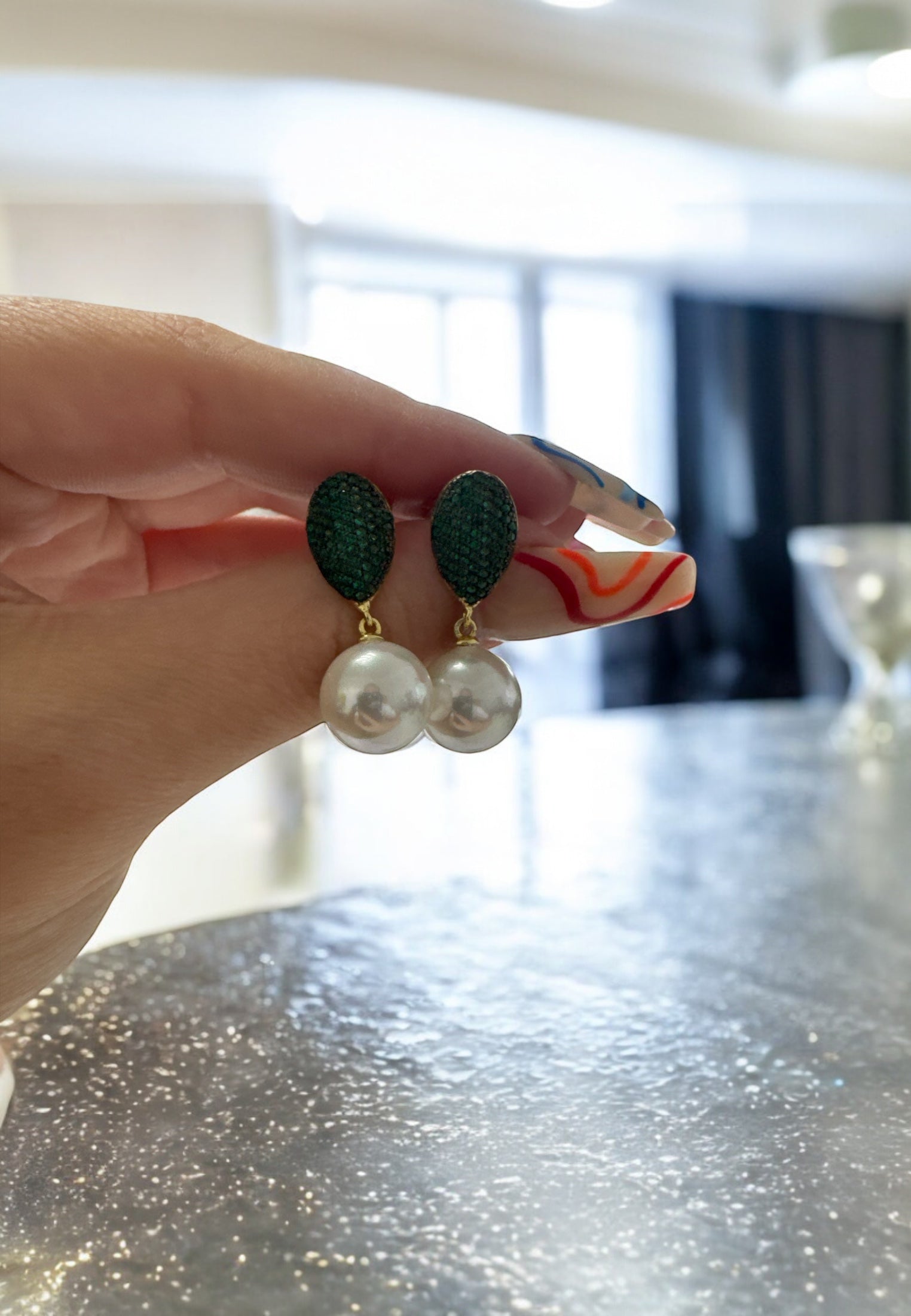 Pearl Classic Drop Earrings Emerald Green