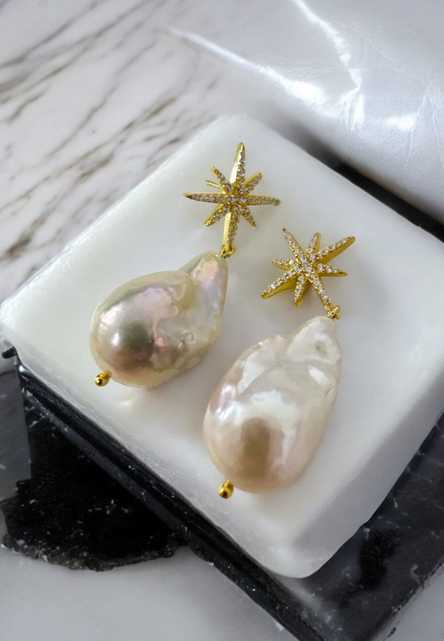 Baroque Pearl Star Burst Drop Earrings Gold