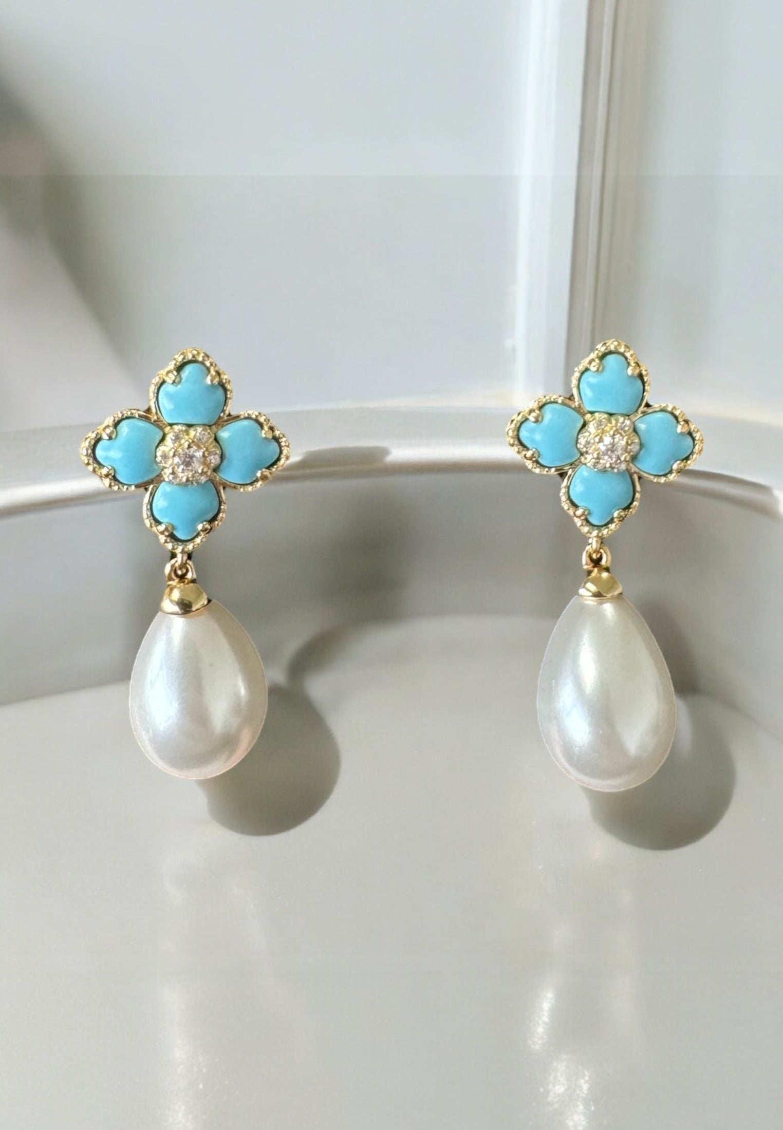 Flower Clover Pearl Drop Earrings Turquoise Gold