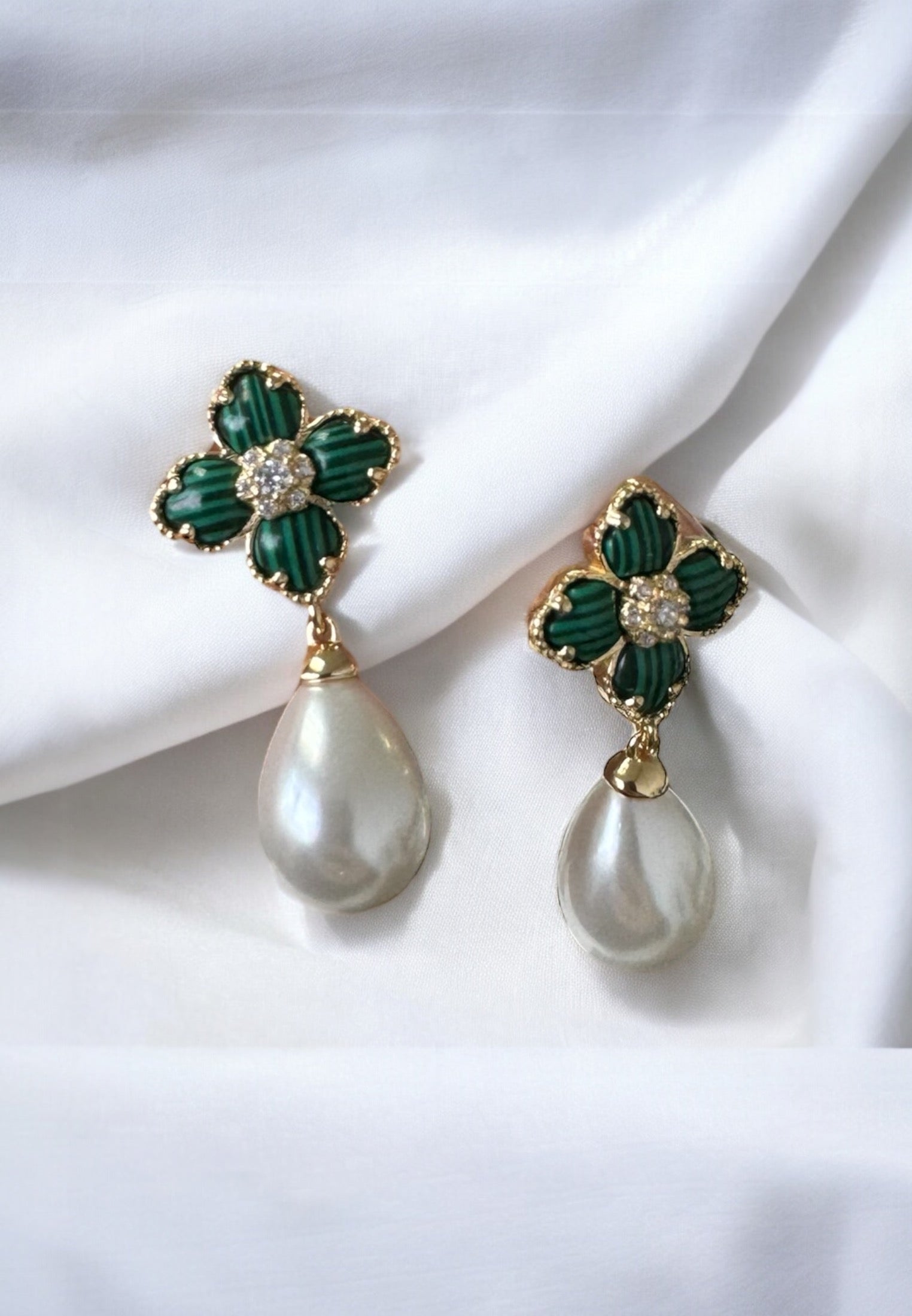 Flower Clover Pearl Drop Earrings Malachite Gold