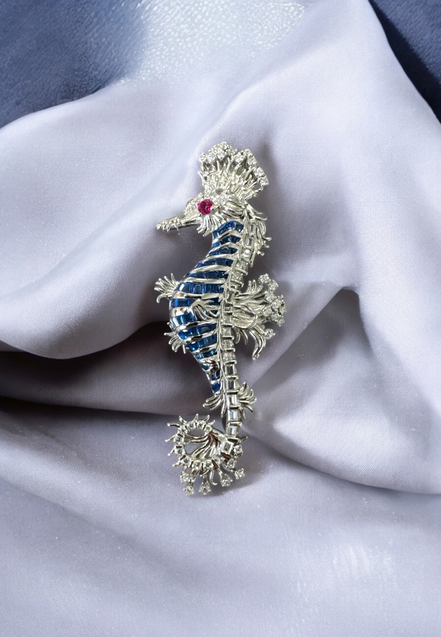 Seahorse Brooch Silver Sapphire Blue Cz