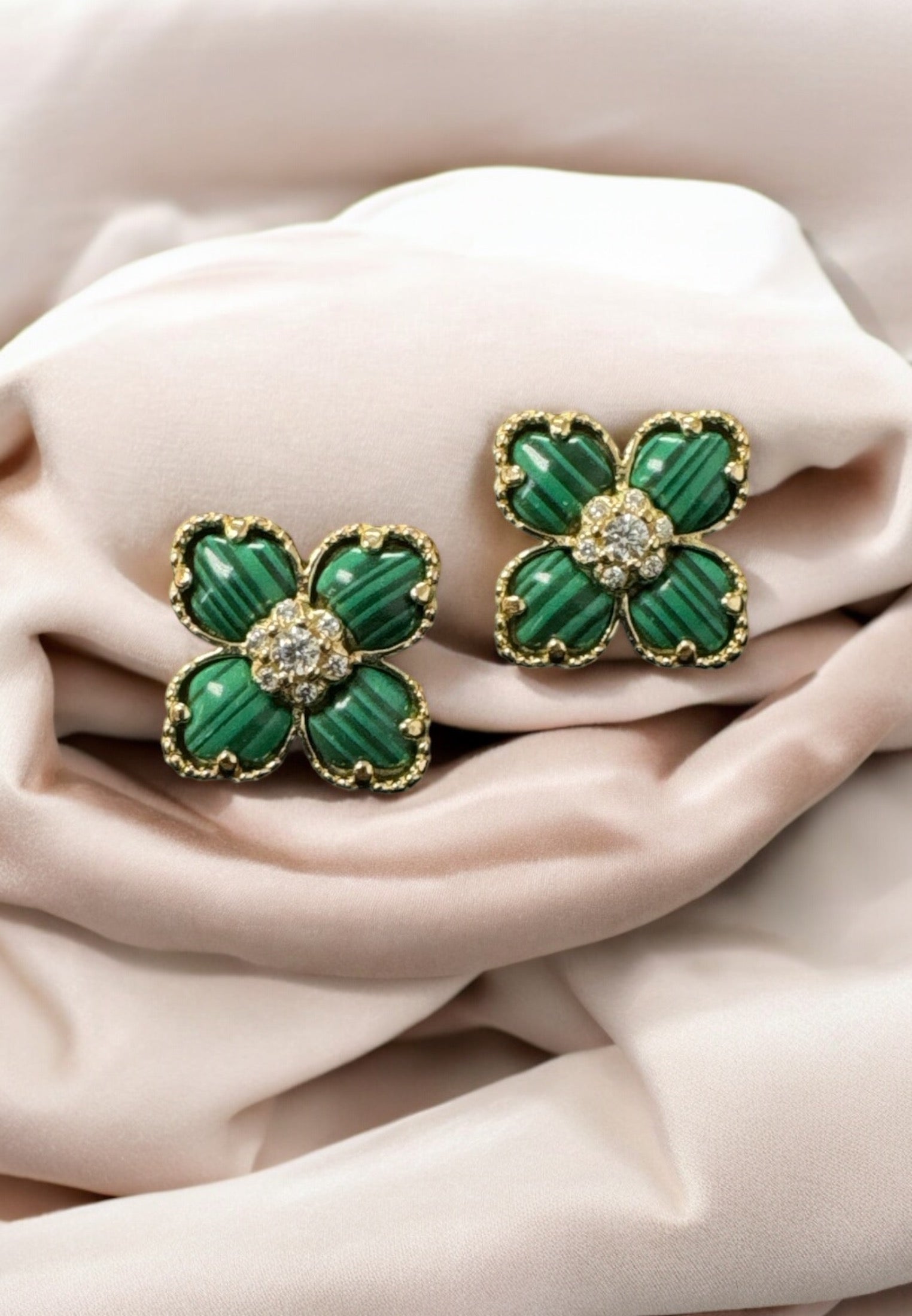 Flower Clover Malachite Stud Earrings Gold